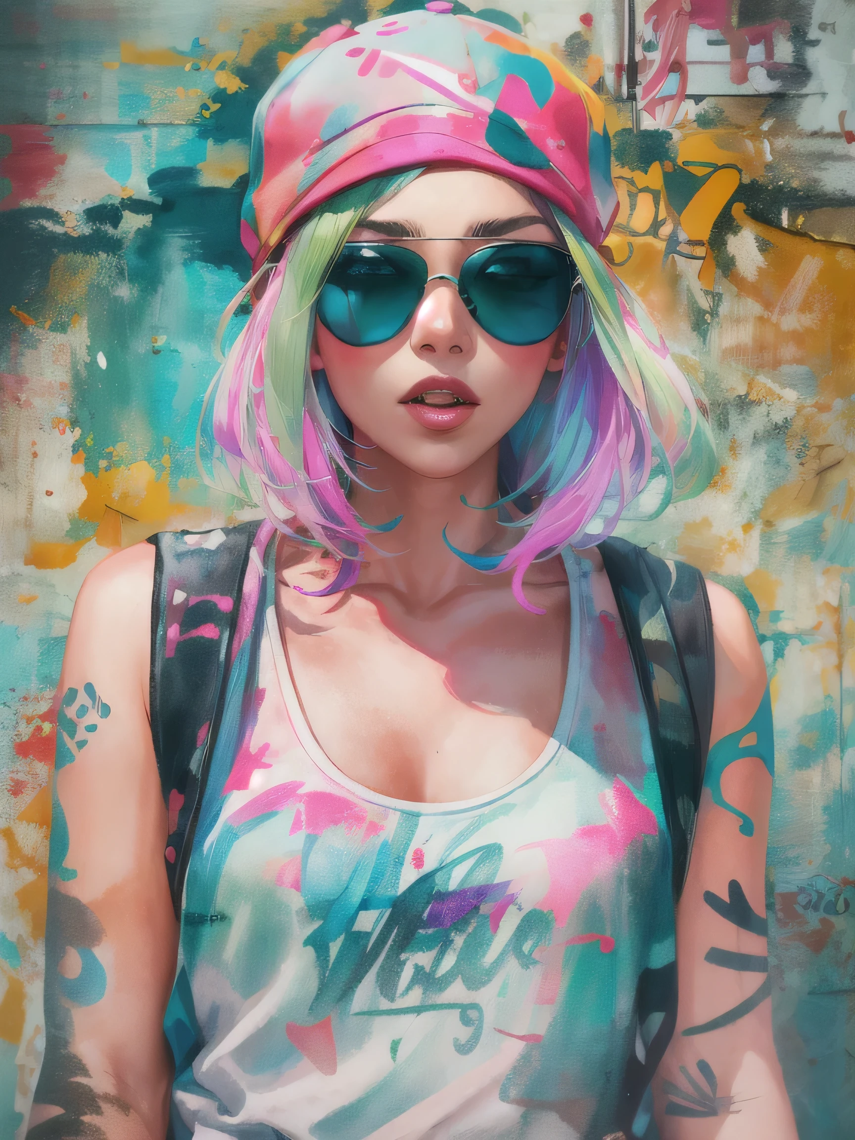 watercolor painting, 8K resolution、((highest quality))、((masterpiece))、((Super detailed))、(((most fashionable design)))、1 female、alone、incredibly absurd、 (((The most beautiful athlete girl of all time))), (((Stylish sunglasses))), lips in love, stylish cap、neon、small breasts,、(((graffiti art))), colorful hair
