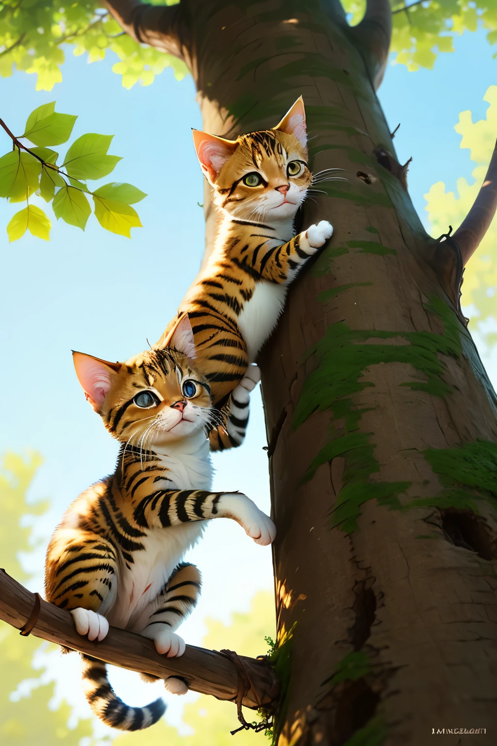 A mischievous little kitten, with its playful eyes and spotty fur, had ascended a towering tree, its tiny paws gripping the bark with all its might. Yet, the tree's height proved to be more than this adventurous feline had bargained for. He now found himself dangling precariously among the branches, his tail swishing in the gentle breeze. Tears filled his eyes as he looked down at the ground, feeling both proud of his daring exploit and desperate for rescue.
Suddenly, a brave girl with a kind heart and fiery determination, emerged from the crowd that had gathered below. She scanned the tree with focus, assessing