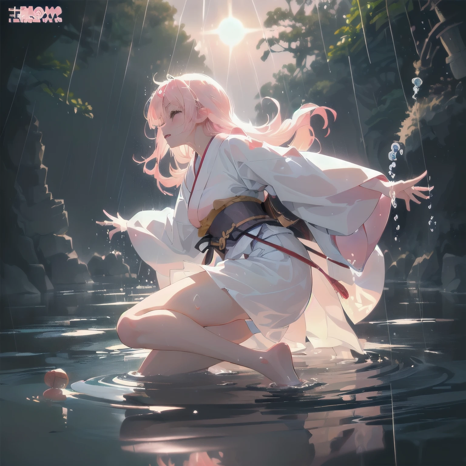 (2D animation style: 1.4), (Japanese animation: 1.9), HD, (Golden light: 1, 4), White skin, Full image lighting, either, (clear eyes), White sunlight, hair glow, (((Falling Rain: 1.2), sunlight, sun, tide, (Sleep), enlargement, in the back, in the back Turn, glowing, long pink hair, clear eyes, pray, Looking at the Girl from the side, side, holy light, (Clean clothes), underwater, laugh 😆😆😆😆, bubble, (water dissipation), (air dissipation)