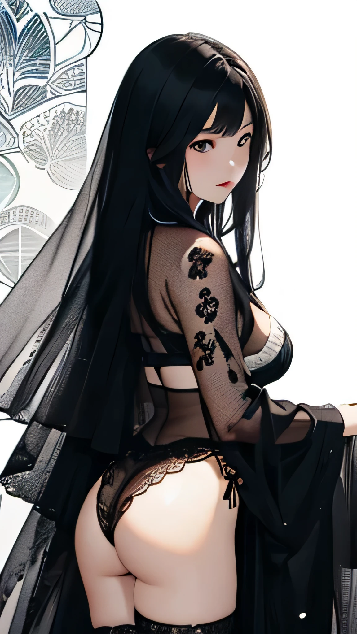 ((Highly detailed CG unit 8k wallpaper, masterpiece, High resolution, highest quality, highest qualityのリアルテクスチャスキン)), ((very beautiful woman, attractive appearance, plump lips, Upper body,black hair, white skin, small), ((Colorful background with geometric patterns, Japanese pattern background, Chill, white background)), Sumi-e, surreal, digital painting, concept art,
open crotch see-through,black face veil , black nylons , silk stockings ,See-through Hakama、transparent black kimono ,sheer lingerie,enamel high heels,pearl necklace,red collar,straight, shortcut, hair ornaments, Japanese style room