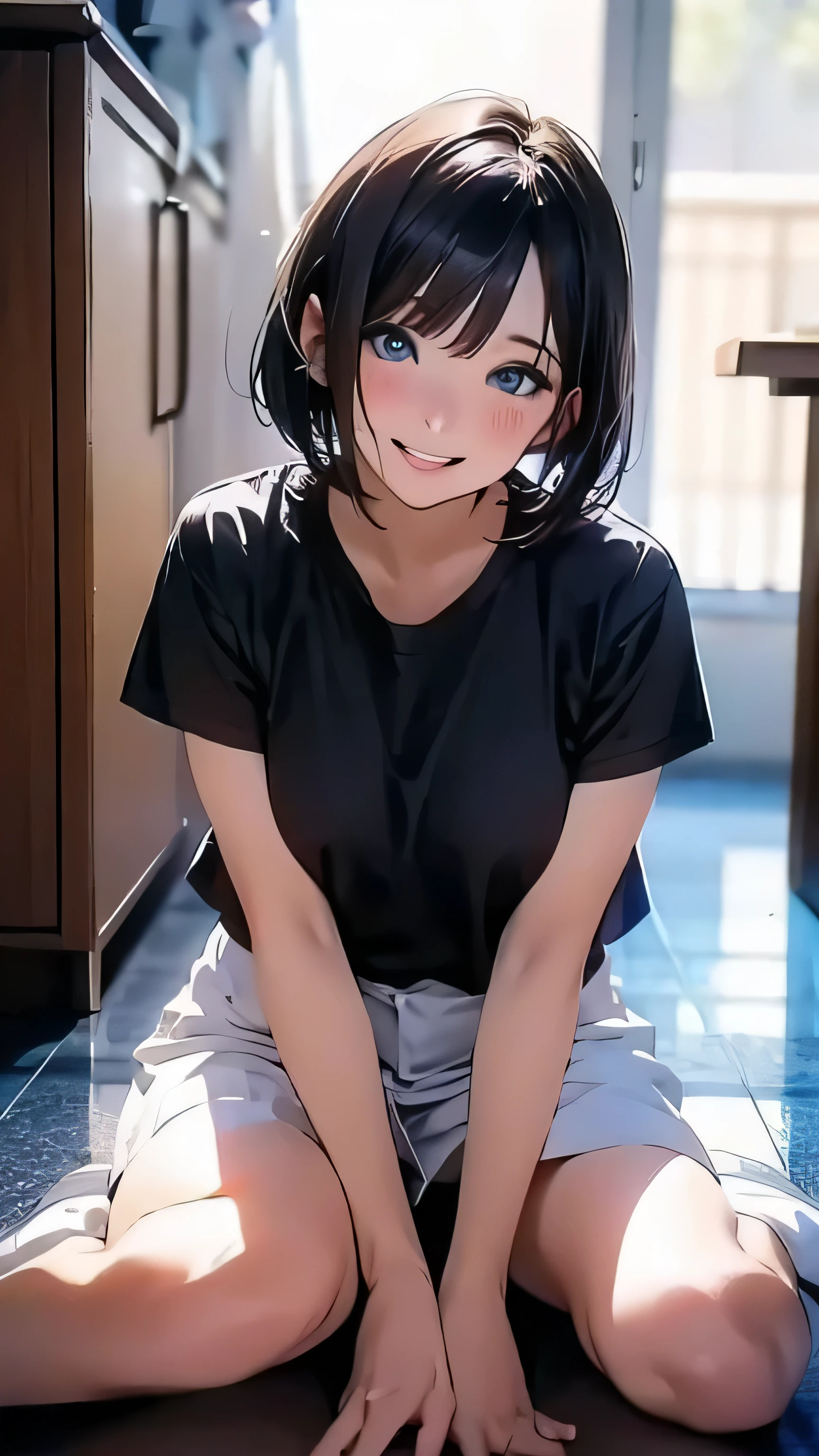 animeスタイル, film portrait photography, woman, blue eyes, black hair, short bob hair, wearing a black T-shirt, Sit on the floor, anime, Moe art style, 8k,