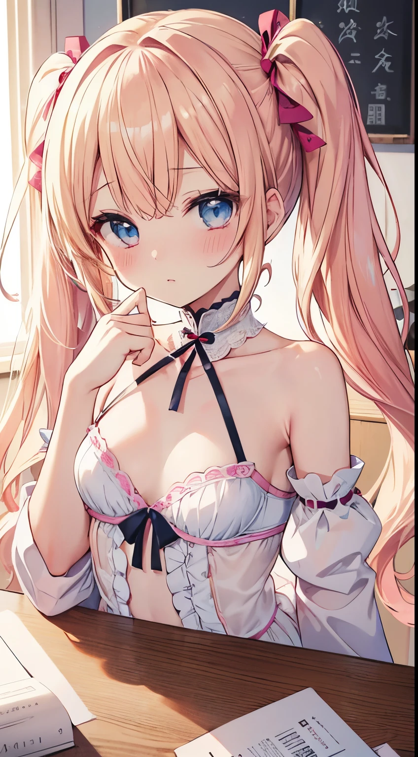 highest quality、table top、1 girl、Only in underwear、pink lingerie、up close、blush、Kamimei、While looking at this、cute anime illustration、blonde blue eyes、 girl、small breasts、twin tails