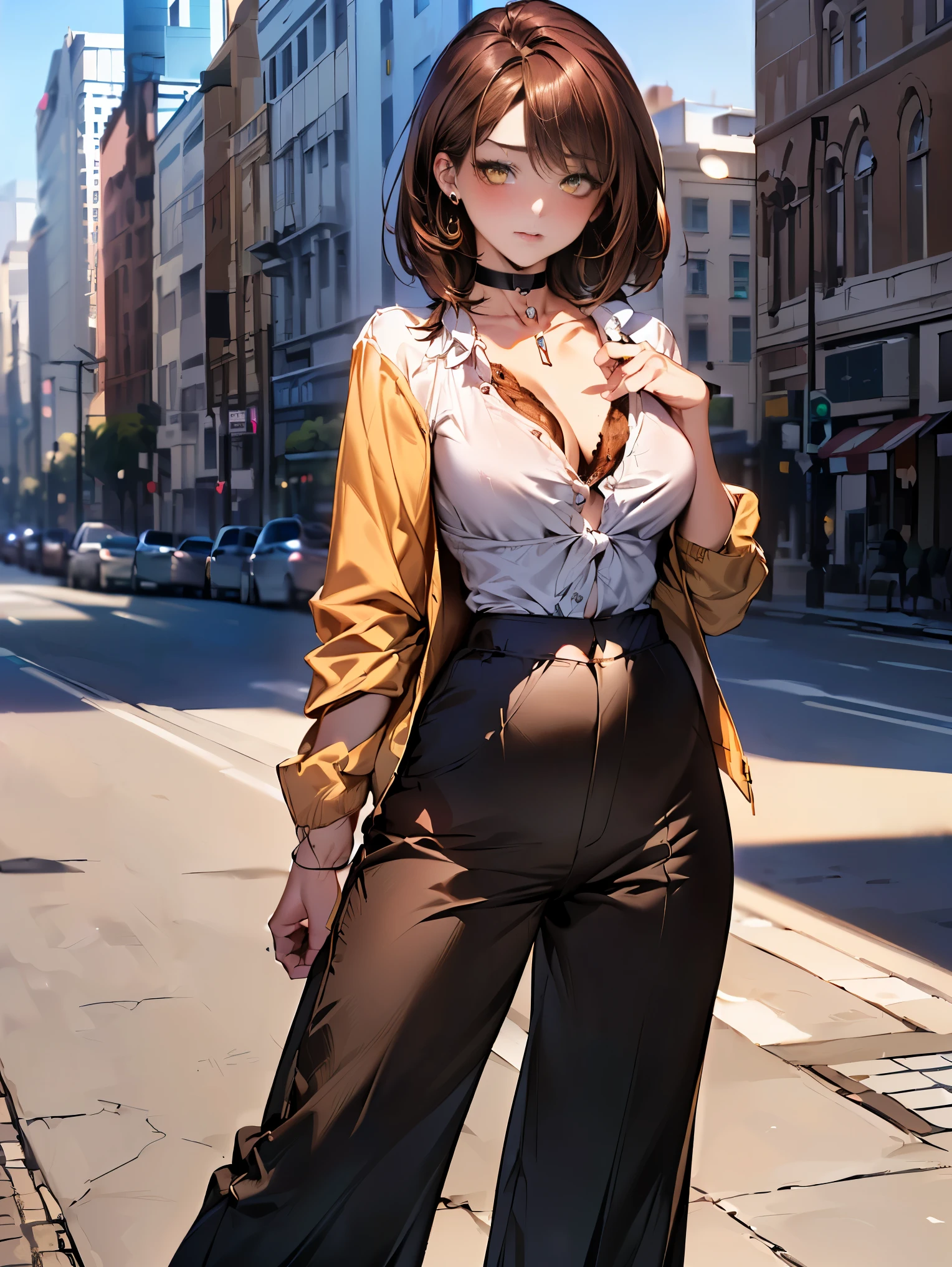 ((obra maestra, mejor calidad, ultra detallado, Ultra HD, Fotorrealista, cinematographic)), (close-up camera shot:1.2), (sensual pose), (Mujer seductora y voluptuosa como Velma Dinkley.), perfect anatomy, cara perfecta, Pechos grandes, manos proporcionadas, (deep auburn shade with a light natural wavy hair color, Bob hasta la barbilla con peinado con flequillo contundente:1.3), (traje de estilo retro-chic, vestido hasta la rodilla y cuello alto granate), (a matching maroon belt that hugs her waist:1.2), (gafas cuadradas negras con montura gruesa), (lleva hasta la rodilla, calcetines de color amarillo mostaza que asoman justo por encima de su, zapatos sensatos con cordones), (luce un delicado, gold pendant necklace with a small magnifying glass pendant), (vibrant orange cardigan slung over her shoulders), ((dynamic background))