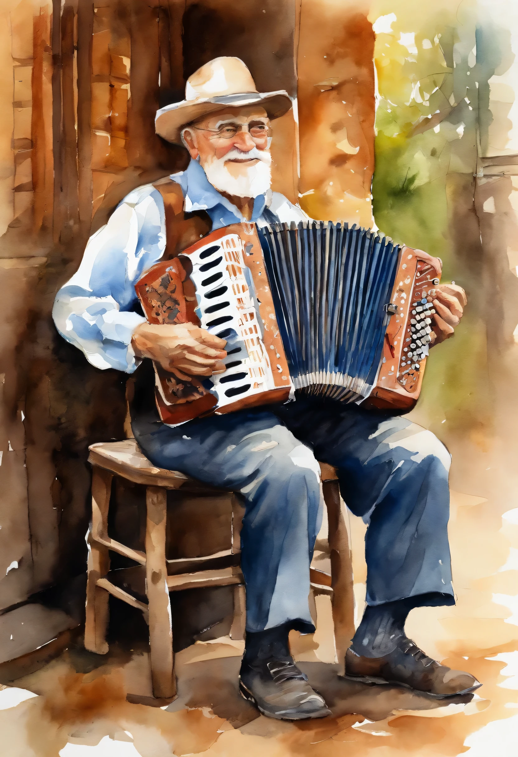 Old man playing accordion sitting on wooden chair
