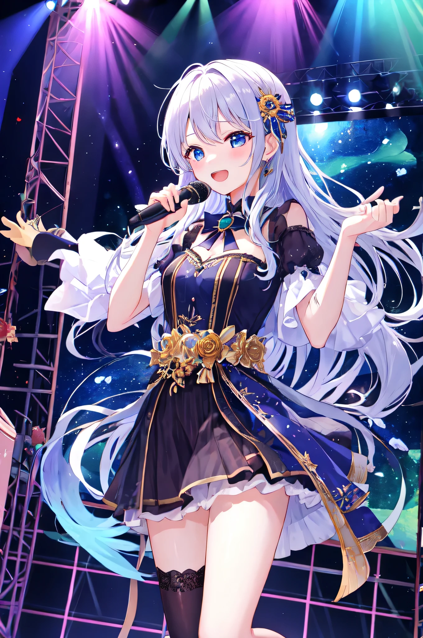 masterpiece、advanced details、girl、silver hair、straight hair、idol costume、stand on stage、singing、