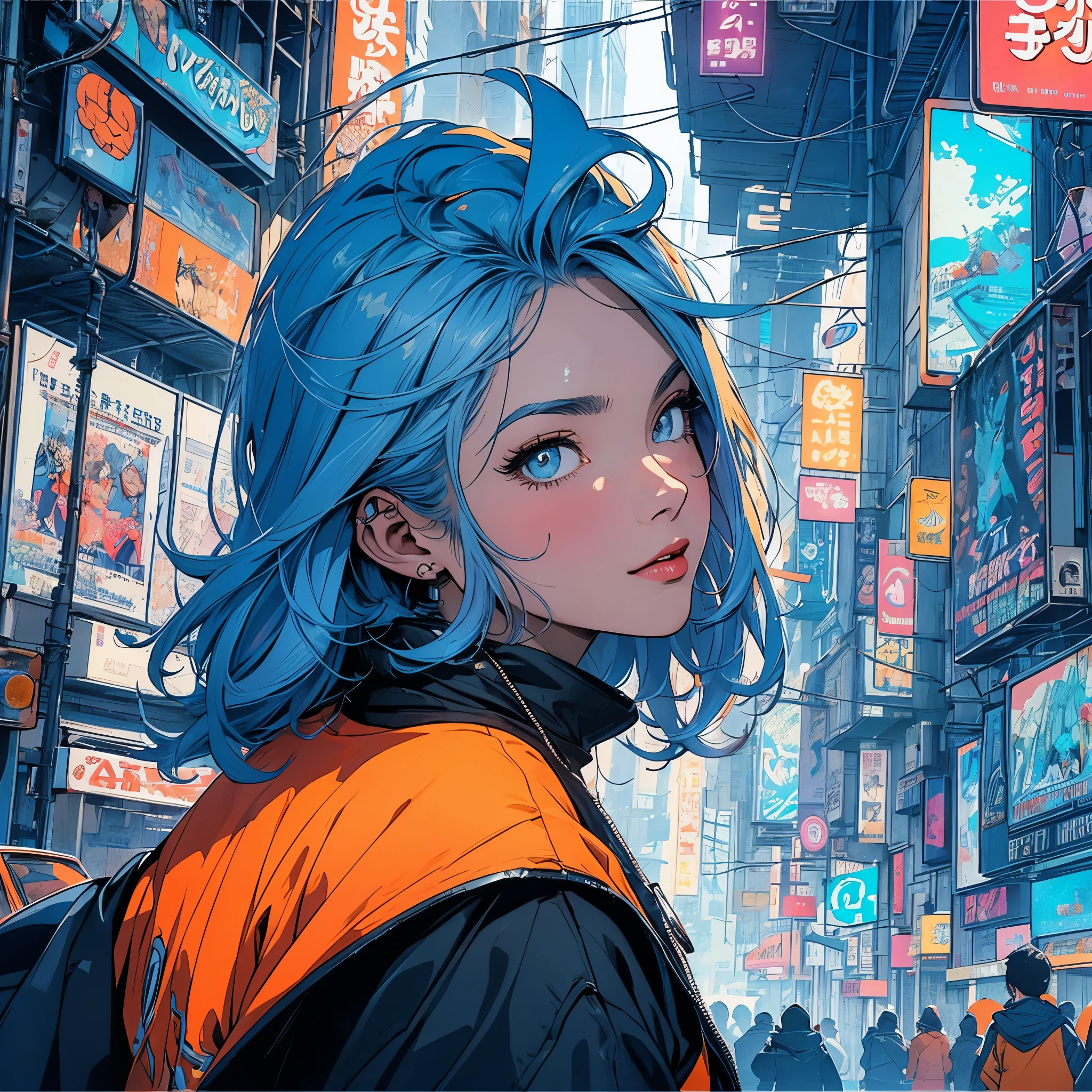 (masterpiece, highest quality), 32K,(highly detailed beautiful woman), poster,SF,1960s,1970s,bauhaus, shape, abstract,movie poster, vintage,retro,futuristic anime,ultimate map,highlight,highly detailed glowing eyes,cleavage,complicated pattern,Stylish hairstyle,fluorescence((orange and blue clothes)),Starry Sky,((Stylish cyberpunk street fashion)),breast enhancement,
