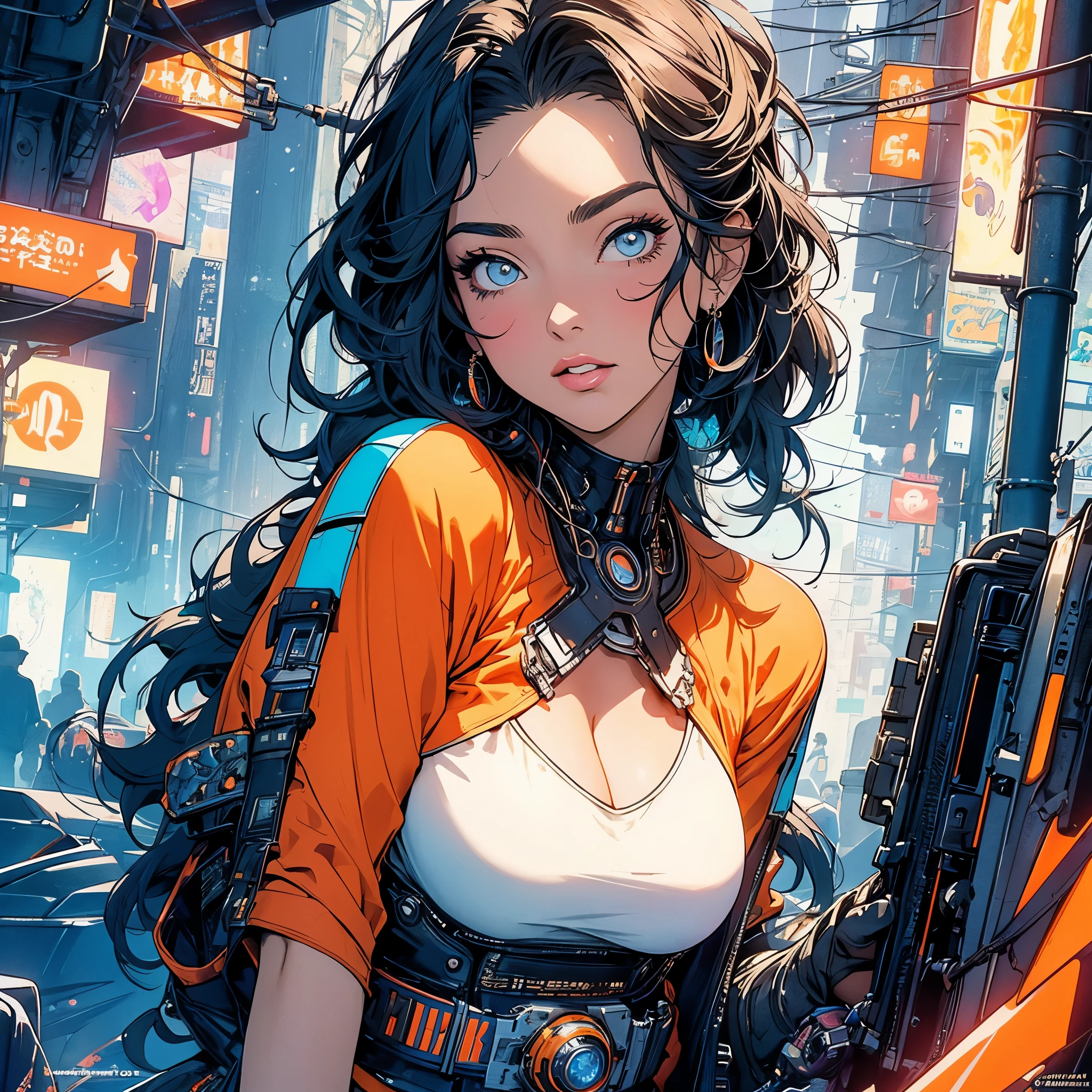 (masterpiece, highest quality), 32K,(highly detailed beautiful woman), poster,SF,1960s,1970s,bauhaus, shape, abstract,movie poster, vintage,retro,futuristic anime,ultimate map,highlight,highly detailed glowing eyes,cleavage,complicated pattern,Stylish hairstyle,fluorescence((orange and blue clothes)),Starry Sky,((Stylish cyberpunk street fashion)),breast enhancement,Gunsmith,