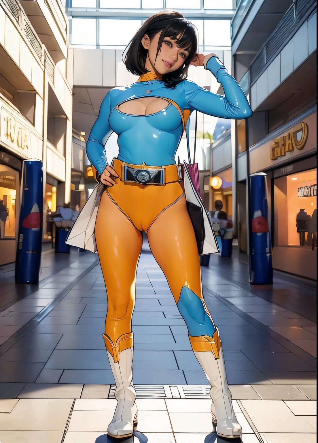 (masterpiece: 1.21), (best quality), Very detailed, super detailed, 1 short hair girl, (beautiful landscape: 1.2, Natural light: 1.5, Confident look), (panoramic: 1.2), Smile, ((13 year old Japanese girl, youthful face, Baby cute)), (((camel toe))), (((full body picture))), (8k、ultra high resolution、best quality、masterpiece、actual、ultra high resolution)、((((Must be female、Must be Power Rangers with light blue enamel、You must have big breasts、Always cover all breasts、Always put your hands behind your head))、Must wear light blue leather full body suit、(Big badge on chest、Always wear a belt with a large buckle)、Must go to shopping mall、Full body model pose:1.4))(white suit、Has black hair、real team hero、かわいいSmile:1.1)