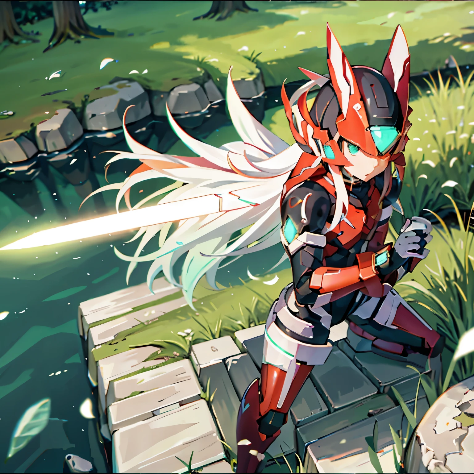 megzeromyth2023, 1boy, long white hair, red armor, green energy sword, 8k, uhd, best quality, masterpiece, intricate, overlooking the ocean on the edge of a rock, in the style of avian-themed, realistic yet stylized, villagecore, azure, orange and azure, dragoncore, aerial view