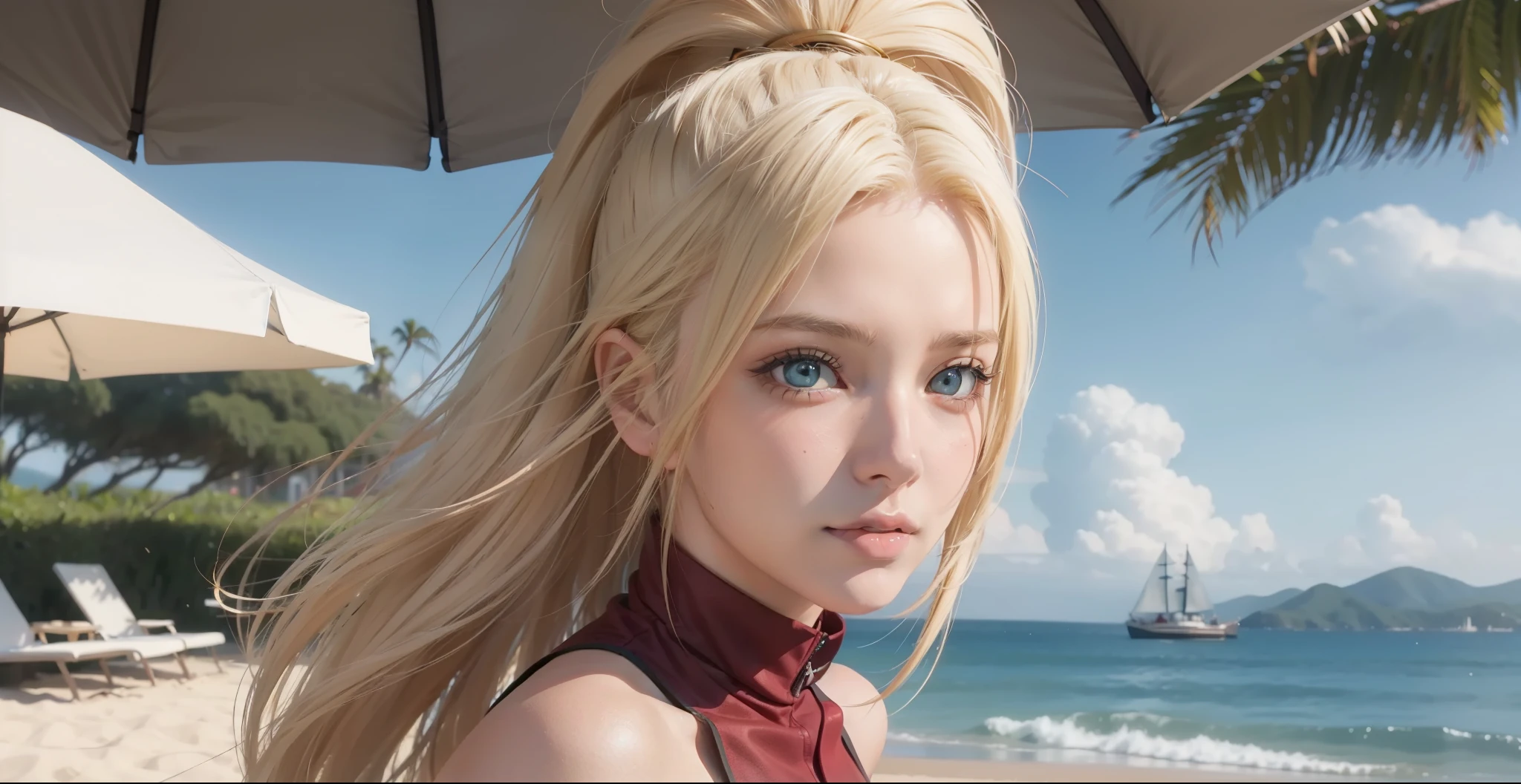 Yamanaka Ino anime seductive, 1girl ,Close-up shot,ssmile,Be red in the face,blond hairbl,Portrait photo,looks into camera,tmasterpiece,beachside,sandbeach,Greenery,detailed back ground,sfw