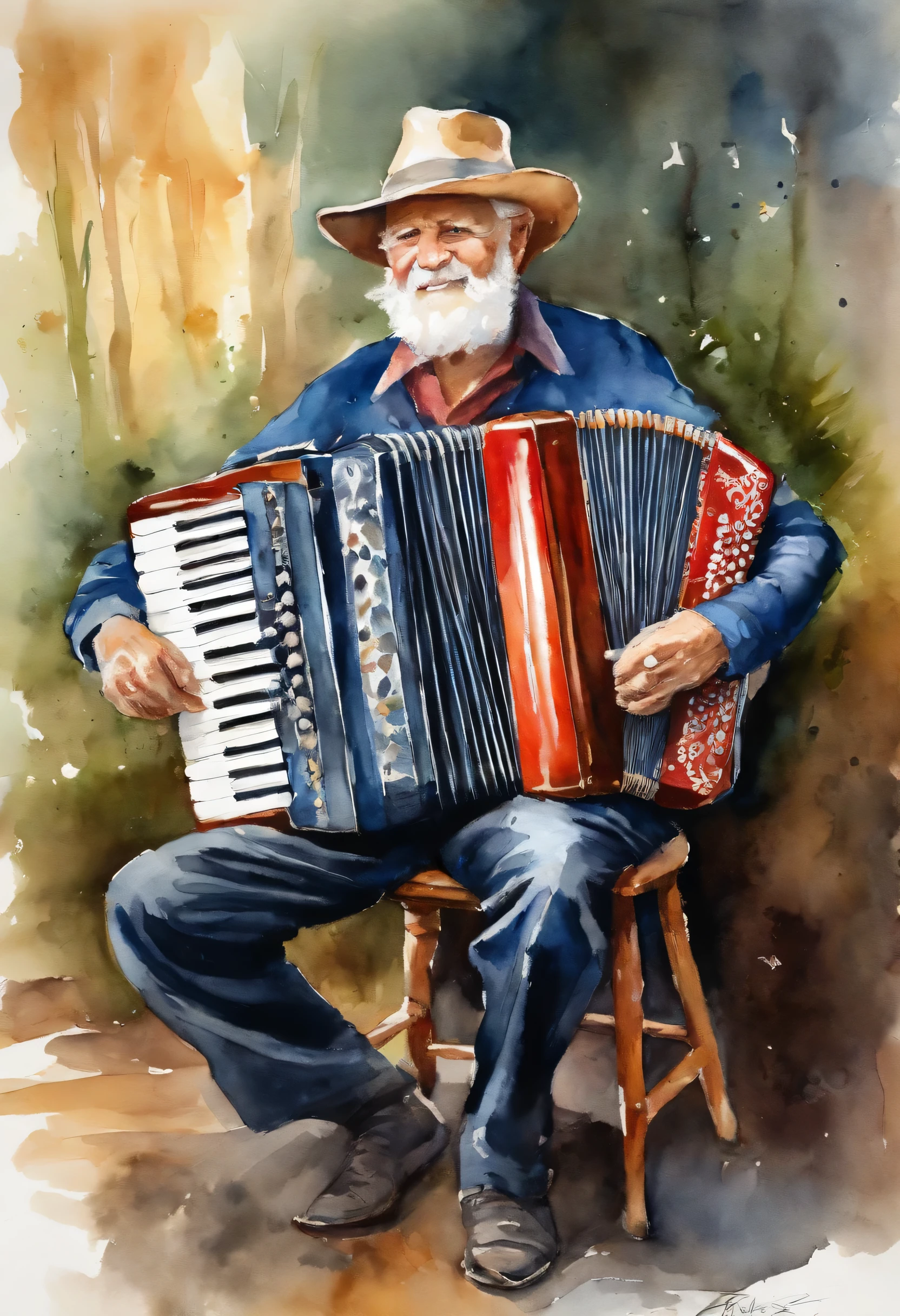 Old man playing accordion sitting on wooden chair
