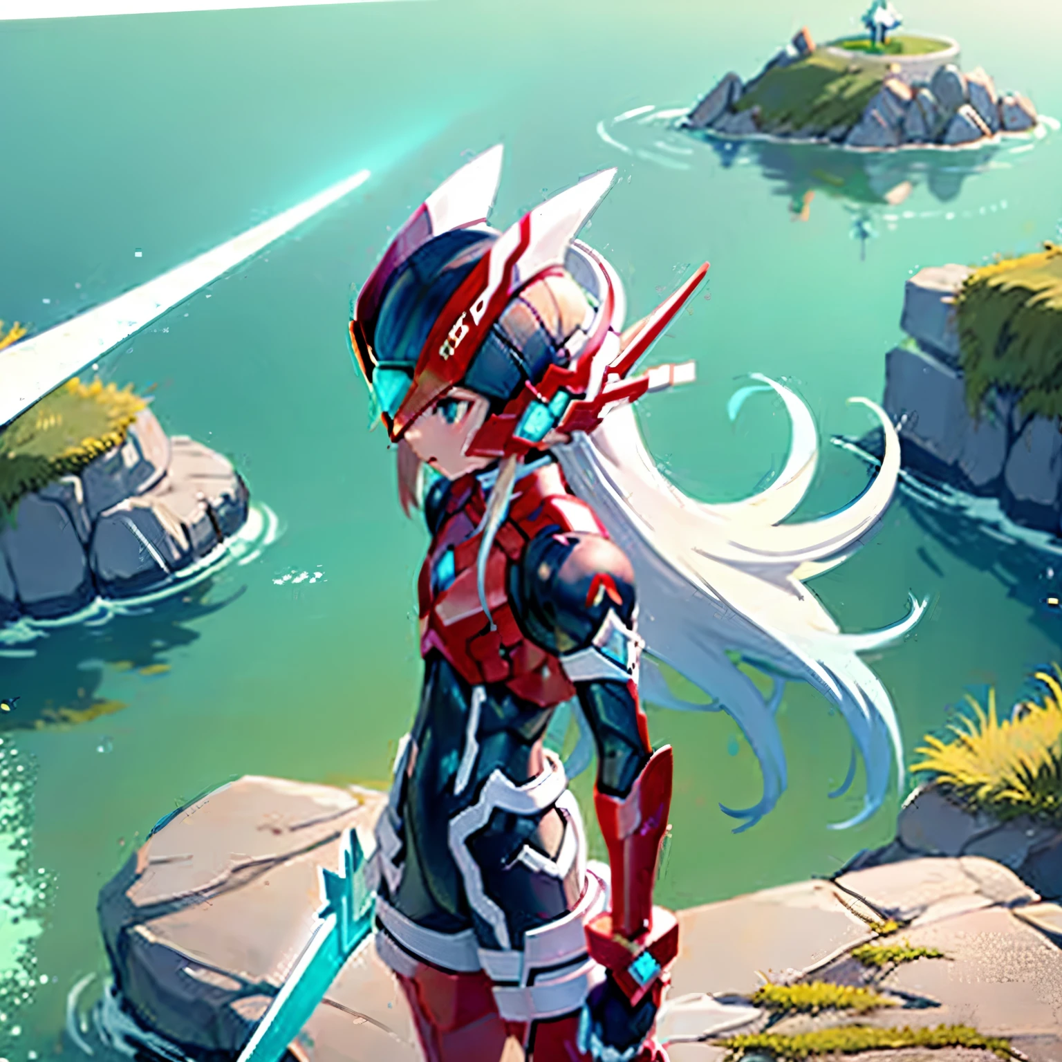 megzeromyth2023, 1boy, long white hair, red armor, green energy sword, 8k, uhd, high quality, masterpiece, overlooking the ocean on the edge of a rock, in the style of avian-themed, realistic yet stylized, villagecore, azure, orange and azure, dragoncore, aerial view