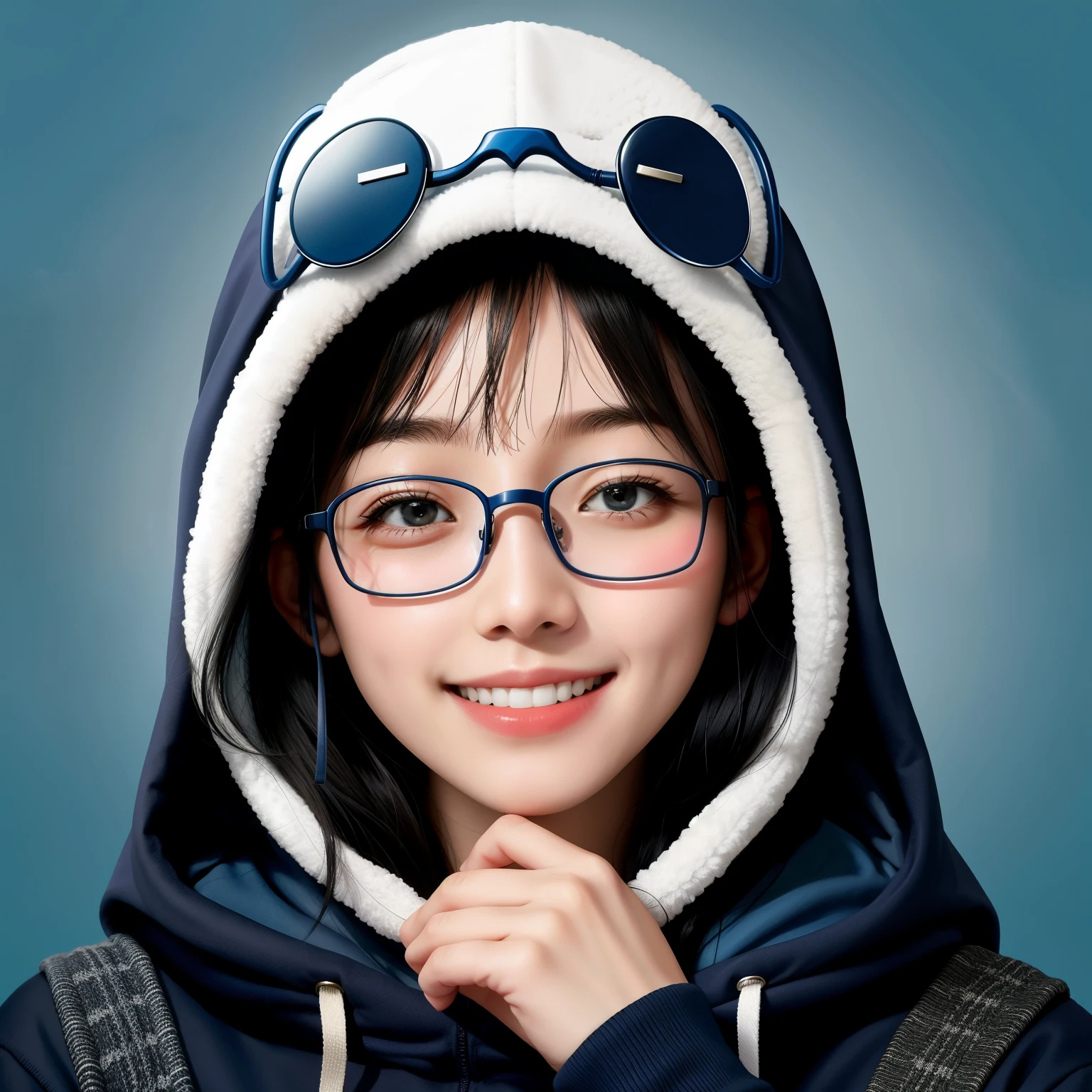 Wearing a dark blue hoodie、wearing glasses、坐在椅子上Smile的男人,Looking up at the camera, ((Covering ears with hands)), 1024px, high quality,HD, Half body holding head, Smile,(Leaking teeth:1.3),27 years old, avatar, masterpiece