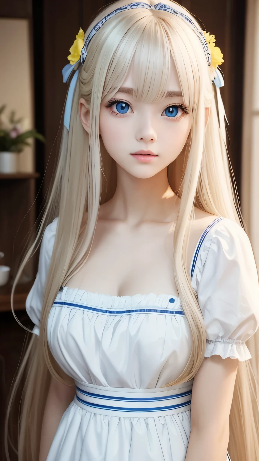 bright look、photorealism、highest quality、超A high resolution、picture、Photo of an exquisitely beautiful Scandinavian girl、extraordinary beautiful girl、cute and beautiful face details、(Pueros face_v1:0.008)、beautiful bangs、alice in wonderland、18-year-old、Shining white skin、hair run that extends to the face、bangs between the eyes、super long hair、Charming light and dark platinum blonde super long straight silky hair、thin hair、Charming shining beautiful bright clear light blue big eyes、white apron、yellow dress、eyeliner、double eyelid、rich bust