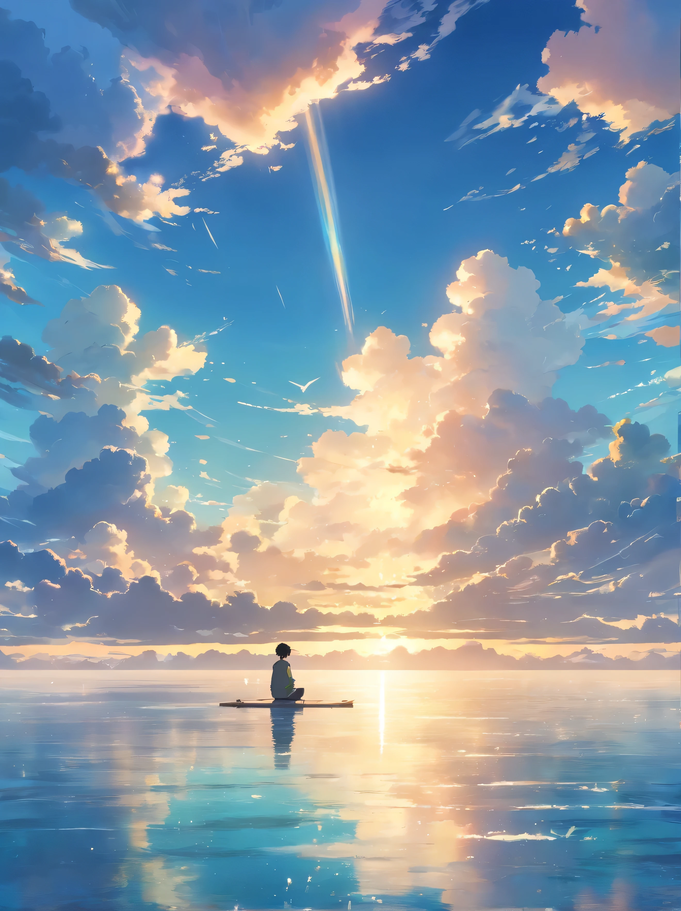 (high quality, masterpiece:1.2), (movie stills), (19-year-old man) sitting on the clouds above the sea, (dream-like atmosphere), (detailed clouds and water), (realistic, photorealistic:1.37), (vibrant colors), (soft lighting), (gentle breeze), (serene expression), (magical scenery), (ethereal landscape), (distant horizon), (transcendent mood), (golden sunlight), (subtle reflections), (impeccable composition), (dynamic perspective), (floating sensation), (peaceful ambiance), (fantasy elements), (harmonious color palette), (silhouette of distant islands), (whimsical details), (sublime tranquility), (hidden secrets), (subtle textures), (immersive experience), (fine art aesthetics), (captivating atmosphere), (magical realism), (awe-inspiring), (unforgettable), (eternal beauty).