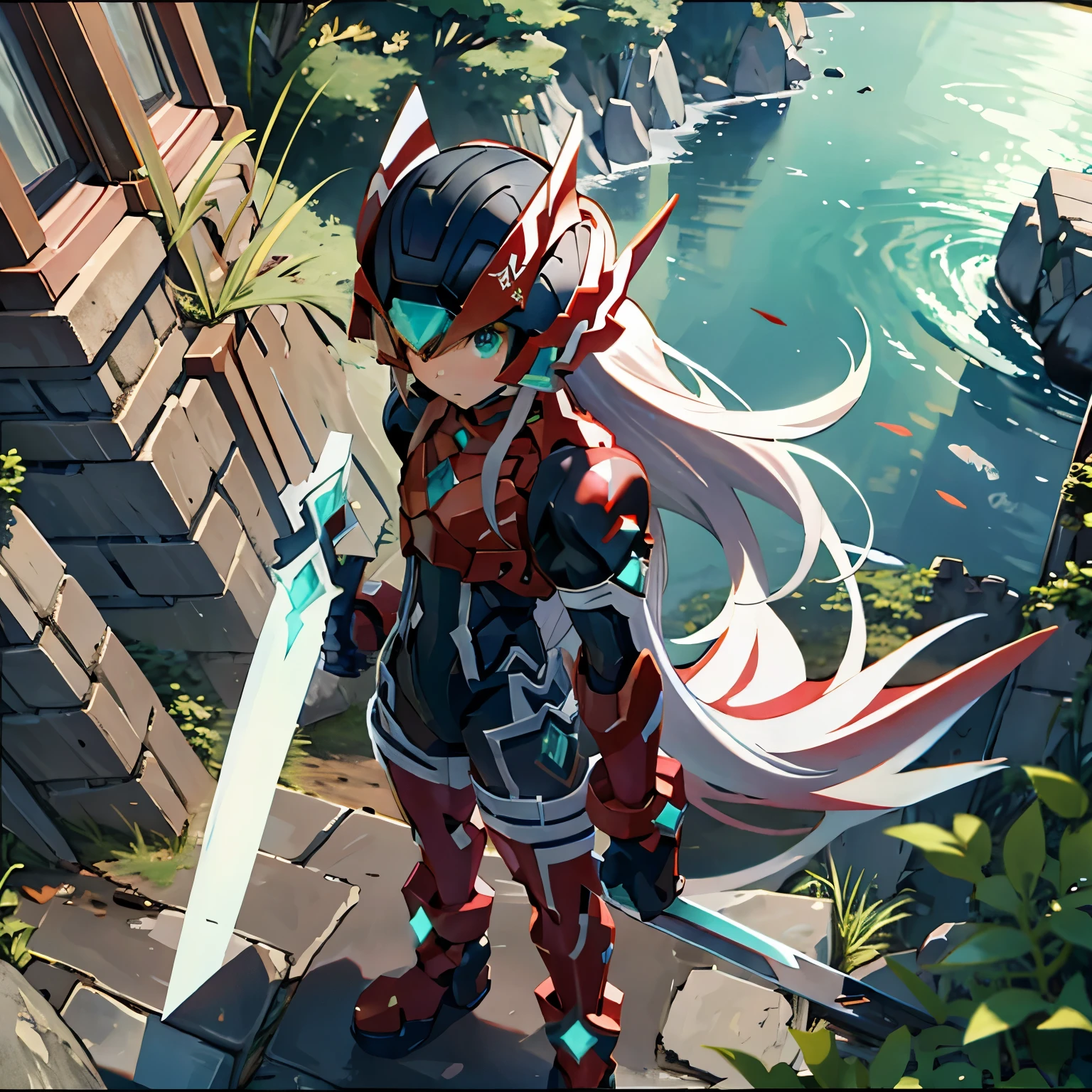 megzeromyth2023, 1boy, long white hair, red armor, green energy sword, 8k, uhd, high quality, masterpiece, overlooking the ocean on the edge of a rock, in the style of avian-themed, realistic yet stylized, villagecore, azure, orange and azure, dragoncore, aerial view