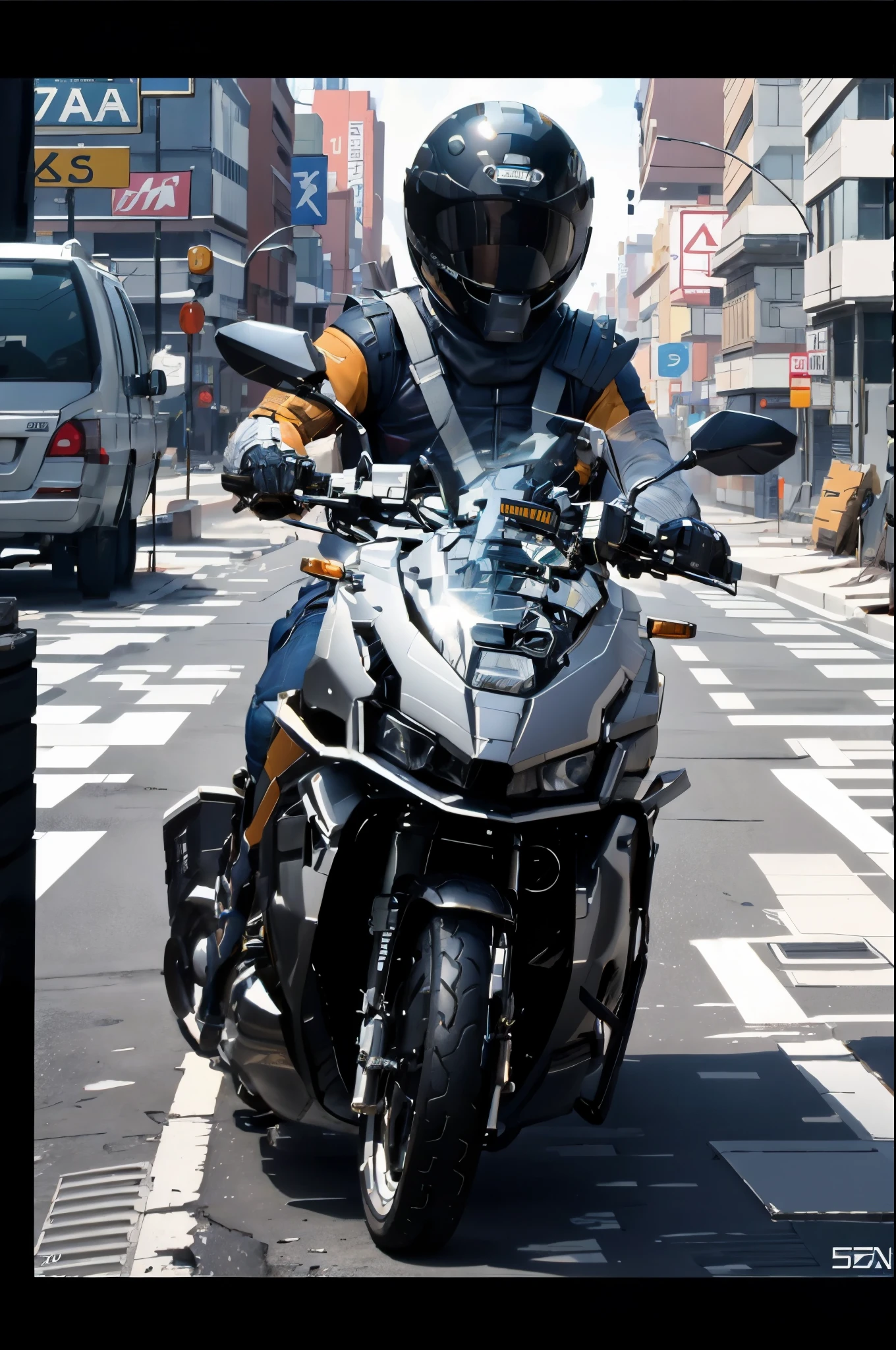 there is a man riding a motorcycle with a helmet on, riding a futuristic motorcycle, sitting on cyberpunk motorbike, cinematic front shot, motorbiker, front shot, touring, frontshot, front portrait, riding a motorcycle, front on, futuristic motorcycle, front profile!!!!, front perspective, motorcycle, transparent black windshield, front profile shot, picture of a male biker