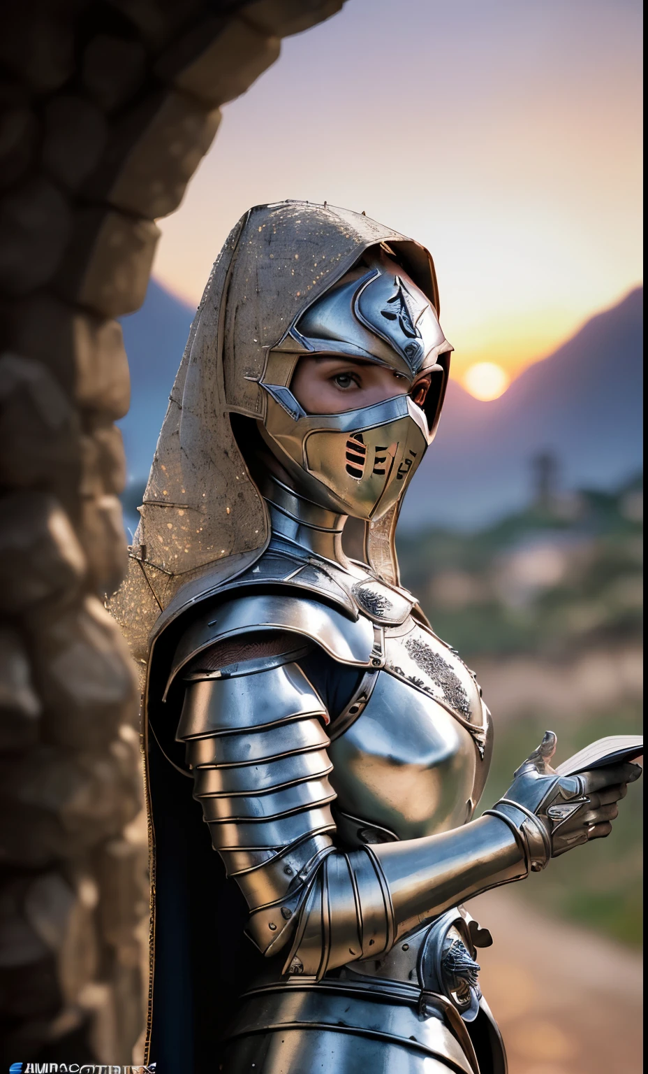 (obra de arte), (extremamente complexo:1.3), (Realista), retrato de uma , a mais bonita do mundo, (armadura medieval), metallic reflections, tronco, ao ar livre, luz solar intensa, castelo distante, fotografia profissional de uma mulher deslumbrante detalhada, sharp focus, Dramatic, premiado, Cinematic lighting, octano render motor irreal, volumetric dtx, (film grain, fundo desfocado, primeiro plano desfocado, bokeh, profundidade de campo, sunset, desfoque de movimento:1.3), cota de malha