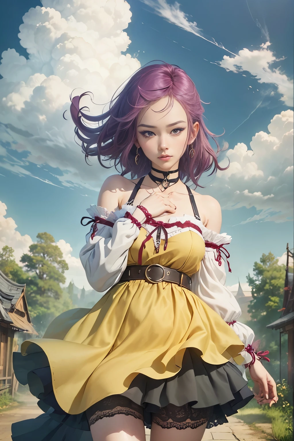 table top, highest quality, super detailed, Kisho, jigokuraku, 1 girl, reddish purple hair, Showa Town, fantasy world, Remains, fort, beautiful sky, shining sky, sunlight, waving, hair ribbon, belt, choker, black choker, dress blowing in the wind, lace dress, earrings, off shoulder sleeves, wool sweater, chest exposure, lace underwear, The pervert is revealed, both hands, perfect fingers, five fingers, beautiful eyes