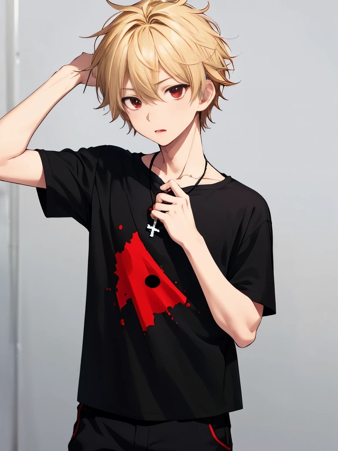 1 boy,solo,20 years old,walking,shocked expression,half body photo,cross necklace,handsome,messy hair,Perfect face, detailed face, short hair, blonde hair,black t-shirt, Plain t-shirt,black t-shirt,short sleeve t-shirt,black trousers, Long pants,red eyes,bright red eyes, vampire