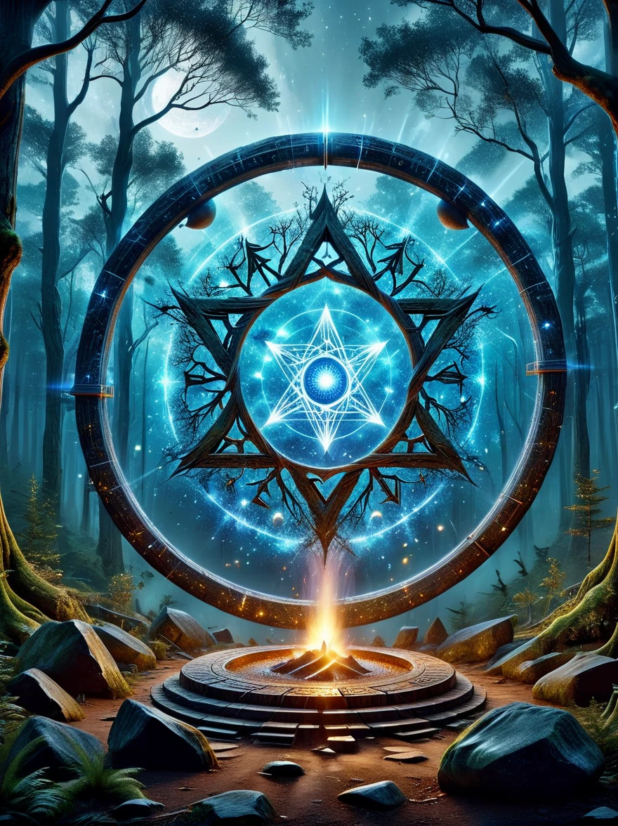 In an ancient forest-surrounded wasteland, a super ancient stone magic circle predates recorded history. Comprised of numerous massive rocks, each bearing the marks of erosion, arranged in a perfect hexagram pointing to various constellations, as if connected to cosmic powers. At its center, the ground is etched with complex runes and mysterious patterns glowing faintly blue under moonlight, serving both as part of a summoning ritual and a container for ancient forces, with their power peaking at night. The surrounding forest seems to shy away, with trees' bent branches whispering warnings. As the stars align on a special night, the sky's energy resonates with the circle's runes, slowly opening a rift from which a creature with eyes like burning coals, made of darkness and fear, steps out, causing the earth to tremble with each step. This scene depicts a mysterious and dangerous moment where an ancient magic circle summons an evil entity under the watchful eyes of the ancient forest.