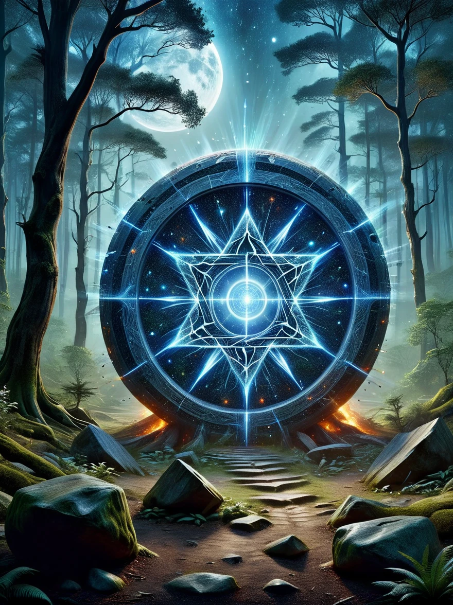 In an ancient forest-surrounded wasteland, a super ancient stone magic circle predates recorded history. Comprised of numerous massive rocks, each bearing the marks of erosion, arranged in a perfect hexagram pointing to various constellations, as if connected to cosmic powers. At its center, the ground is etched with complex runes and mysterious patterns glowing faintly blue under moonlight, serving both as part of a summoning ritual and a container for ancient forces, with their power peaking at night. The surrounding forest seems to shy away, with trees' bent branches whispering warnings. As the stars align on a special night, the sky's energy resonates with the circle's runes, slowly opening a rift from which a creature with eyes like burning coals, made of darkness and fear, steps out, causing the earth to tremble with each step. This scene depicts a mysterious and dangerous moment where an ancient magic circle summons an evil entity under the watchful eyes of the ancient forest.