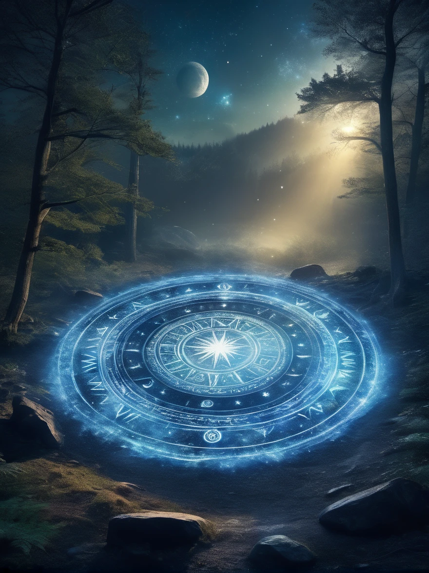 （dark fantasy），（super wide angle），In an ancient forest-surrounded wasteland, a super ancient stone magic circle predates recorded history. Comprised of numerous massive rocks, each bearing the marks of erosion, arranged in a perfect hexagram pointing to various constellations, as if connected to cosmic powers. At its center, the ground is etched with complex runes and mysterious patterns glowing faintly blue under moonlight, serving both as part of a summoning ritual and a container for ancient forces, with their power peaking at night. The surrounding forest seems to shy away, with trees' bent branches whispering warnings. As the stars align on a special night, the sky's energy resonates with the circle's runes, slowly opening a rift from which a creature with eyes like burning coals, made of darkness and fear, steps out, causing the earth to tremble with each step. This scene depicts a mysterious and dangerous moment where an ancient magic circle summons an evil entity under the watchful eyes of the ancient forest，(masterpiece，best quality，ultra high definition，Extremely detailed，illumination）