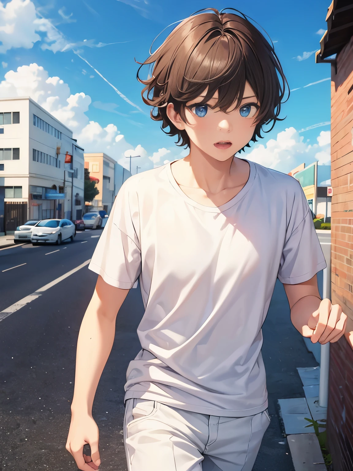 1boy,guy,Walk,Strong winds,Blue eyes,Shocked expression, open mouth, thin lips,, hands covering face,blue eyes,close up photo,18 years old,Curly hair,short hair,undercut hairstyle,light brown hair,Plain t-shirt, white t-shirt,white trousers,ultra detail,masterpiece