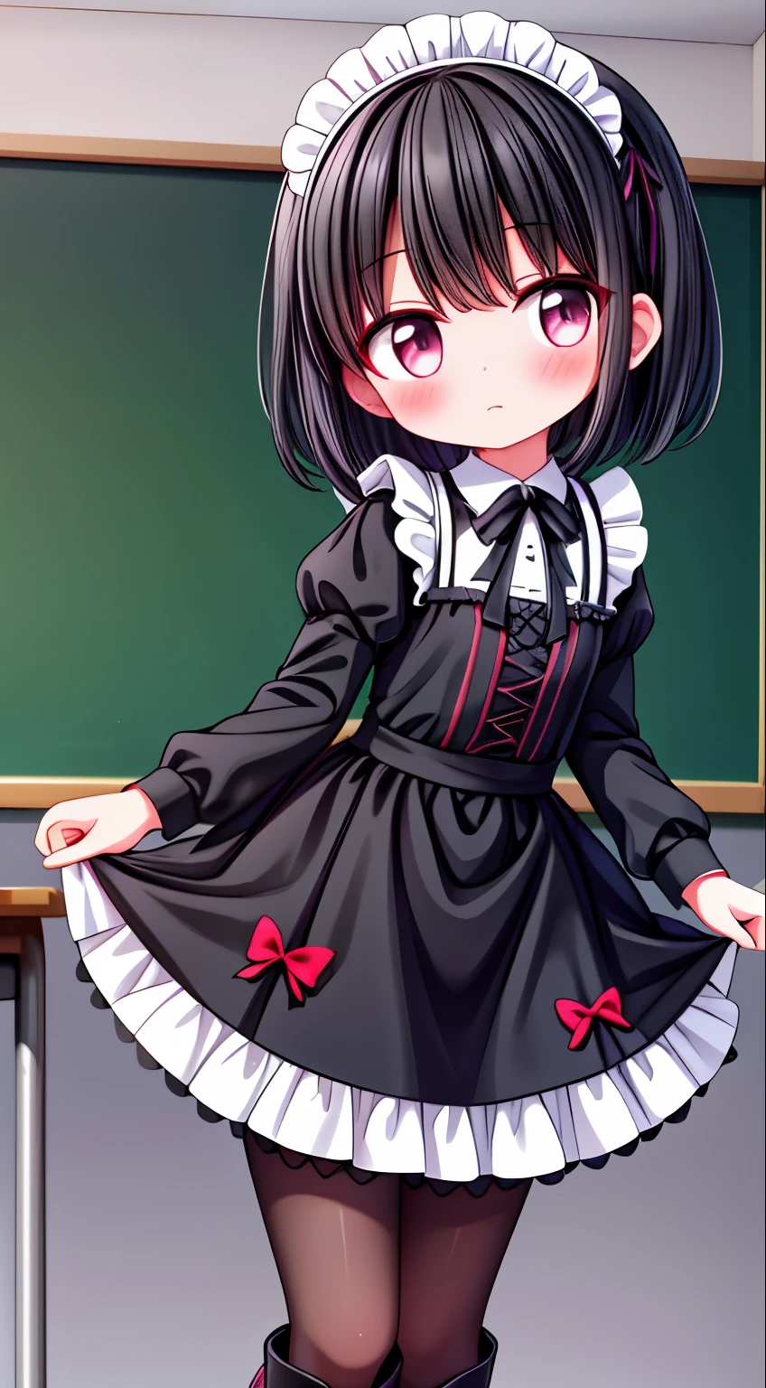 girl，short black hair，maid outfit，Black lace-up boots，white pantyhose，blush shy，classroom scene，demon