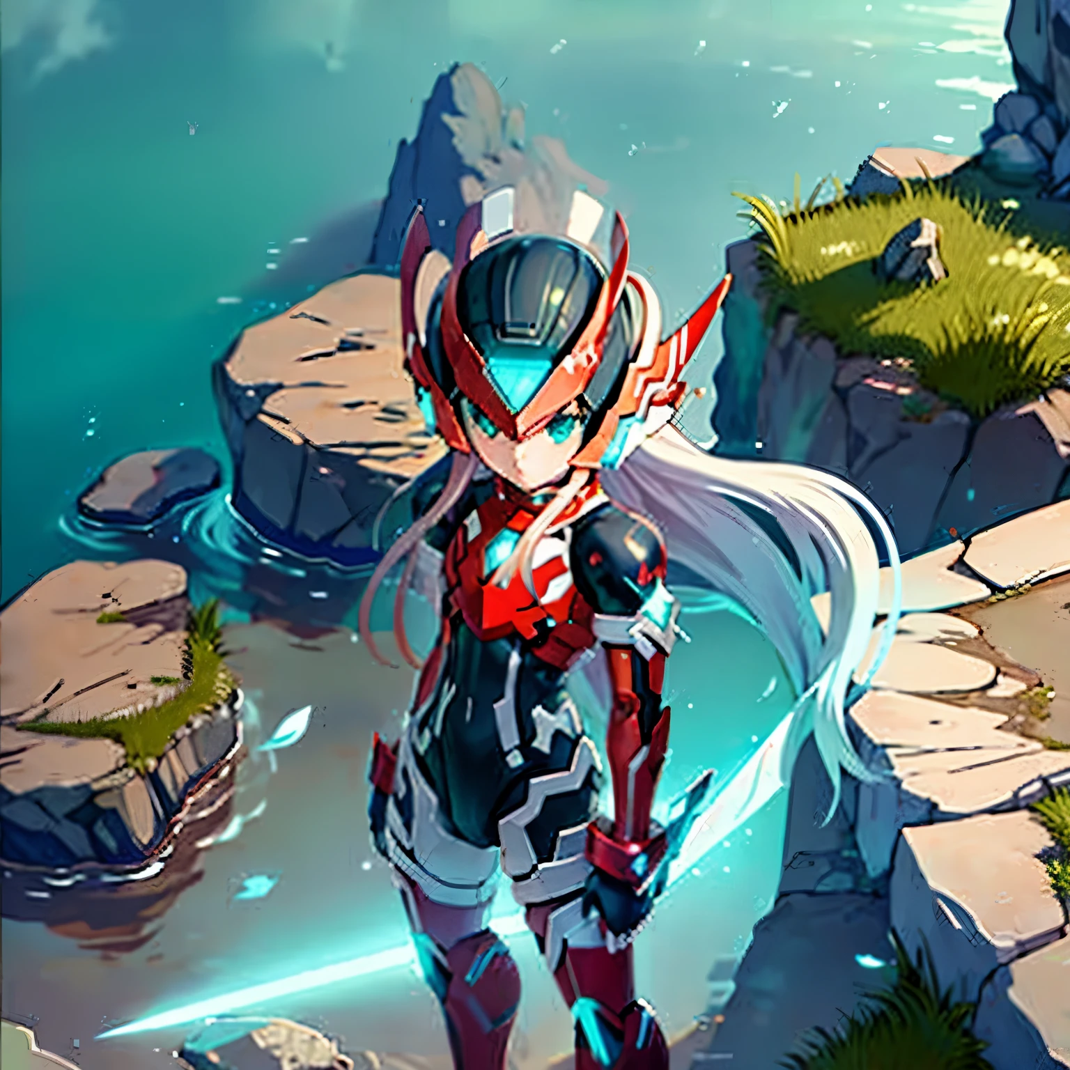 megzeromyth2023, 1boy, long white hair, red armor, green energy sword, 8k, uhd, high quality, masterpiece, overlooking the ocean on the edge of a rock, in the style of avian-themed, realistic yet stylized, villagecore, azure, orange and azure, dragoncore, aerial view