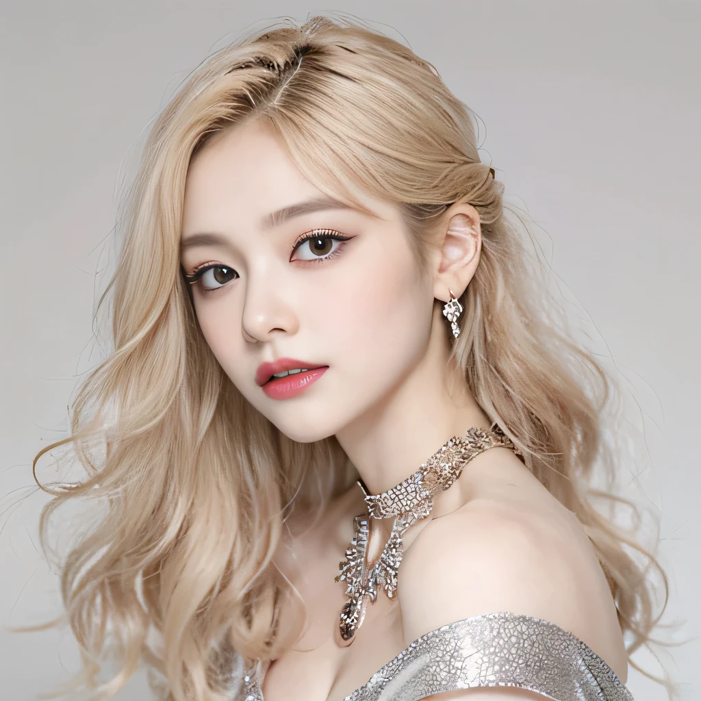 (8k)、(best image quality:1.5)、gray background、close up of face、1girl、masterpiece、delicate and sharp eyes、brown eyes、eye power、delicate face、cup、fascinating face、platinum blonde hair、Semi-long wave、cute clothes、Dress that shows your collarbones、gal、Emphasis on the clavicle、earrings、necklace、