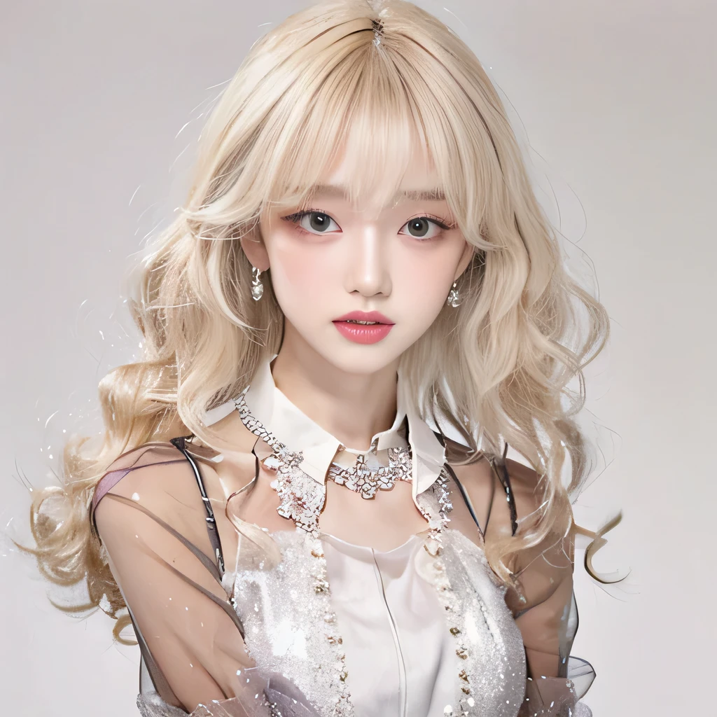 (8k)、(best image quality:1.5)、gray background、close up of face、1girl、masterpiece、delicate and sharp eyes、brown eyes、eye power、delicate face、cup、fascinating face、platinum blonde hair、Semi-long wave、cute clothes、Dress that shows your collarbones、gal、Emphasis on the clavicle、earrings、necklace、