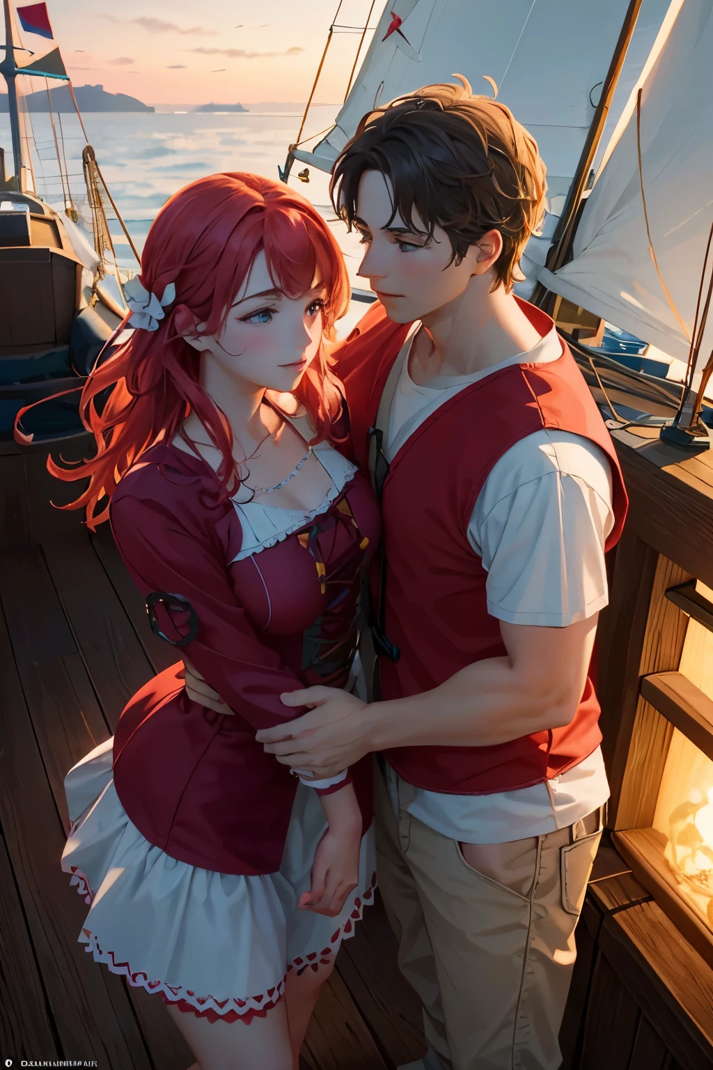 Capitana Roja and her husband, dressed in red clothing, exchange married rings on their boat, anchored in the middle of the tranquil mar. The sun sets, casting beautiful golden reflections on the water's surface, creating intricate patterns and delicate detailes. Realistic CGI and cinematic lighting enhance the scene's unparalleled beauty, with a top view and low camera angle adding to the captivating charm. Octane render and ISO200 settings bring out the vivid colors and rich textures of this 8k masterpiece.