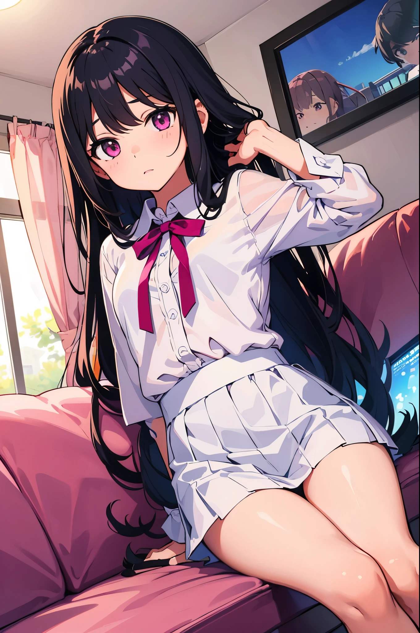girl's room living room girl 8-year-old flat chelack r long hair eyes are purple ((1 person)) White upper body blouse Lower body pink spring miniskirt white panties Standing in front of the sofa spread your legs a little((I can see white panties)) dynamic angle Low - Angle