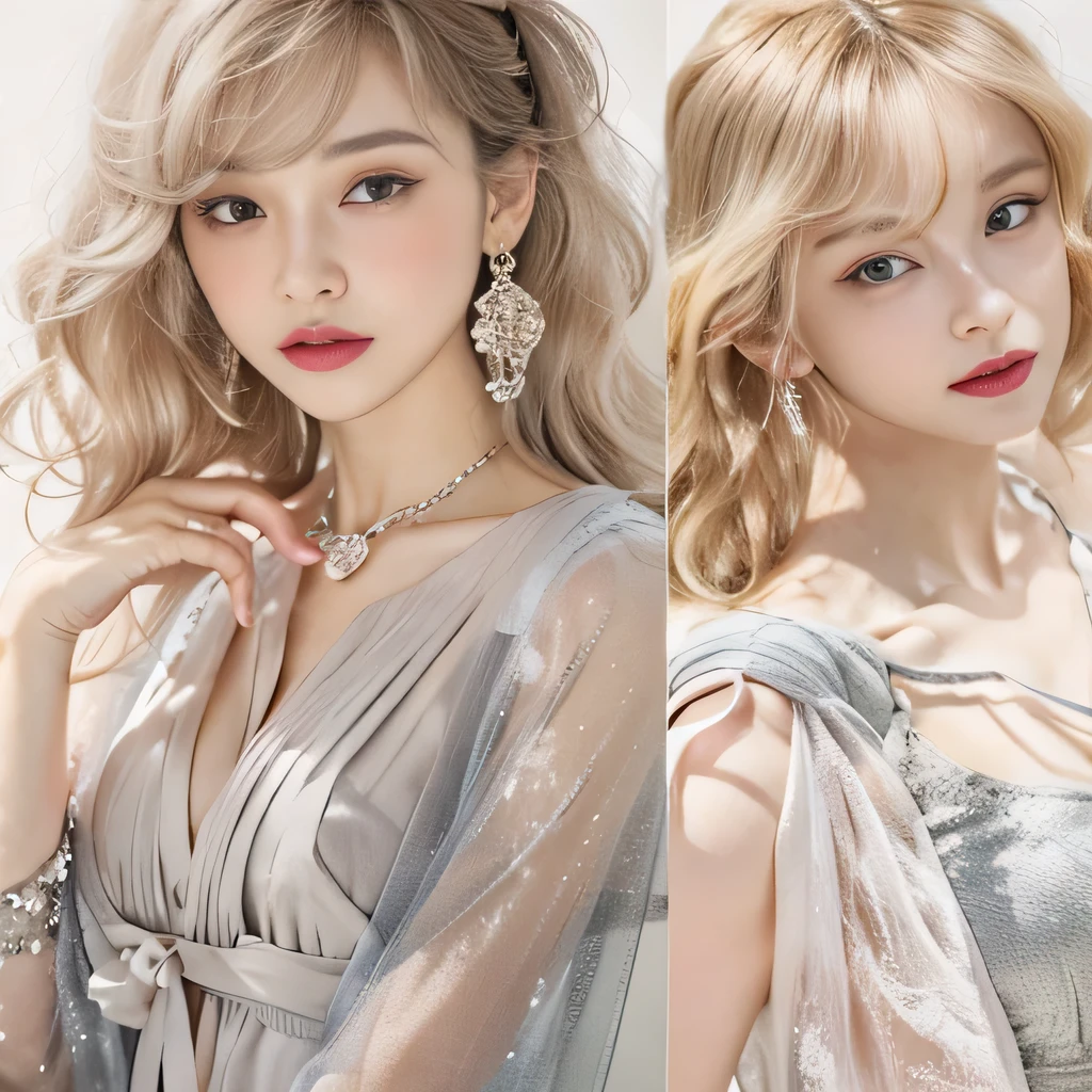 (8k)、(best image quality:1.5)、gray background、close up of face、1girl、masterpiece、delicate and sharp eyes、brown eyes、eye power、delicate face、cup、fascinating face、platinum blonde hair、Semi-long wave、cute clothes、Dress that shows your collarbones、gal、Emphasis on the clavicle、earrings、necklace、