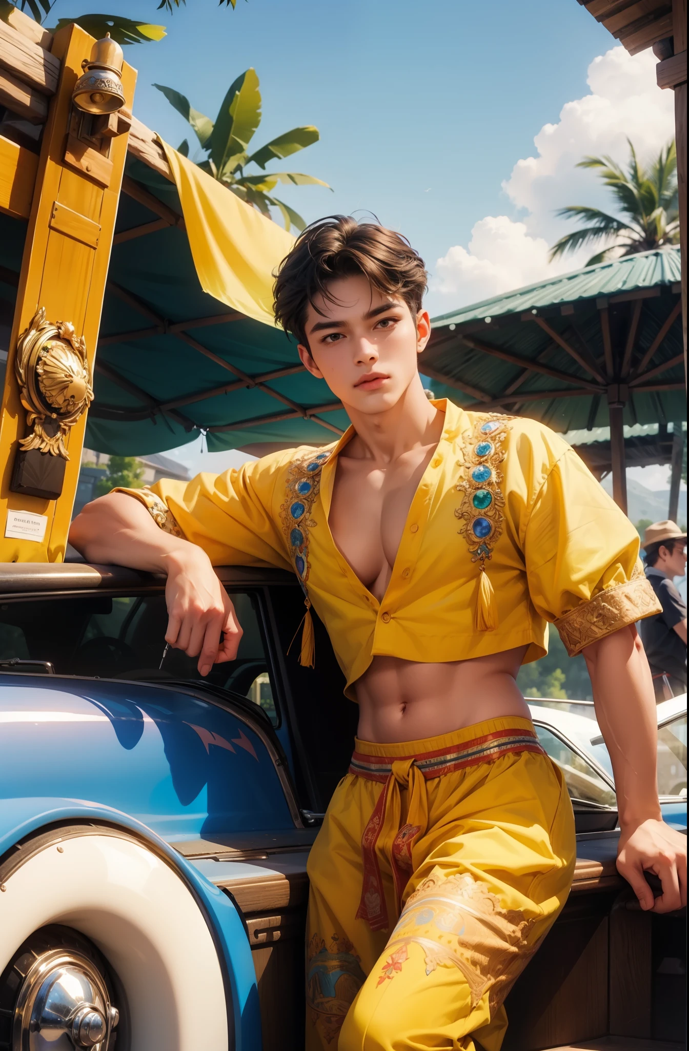 ((Best quality)), ((masterpiece)), (detailed), ((perfect face)), ((halfbody)) perfect proportions , colorful vibe ((perfect face)) detailed scenery background