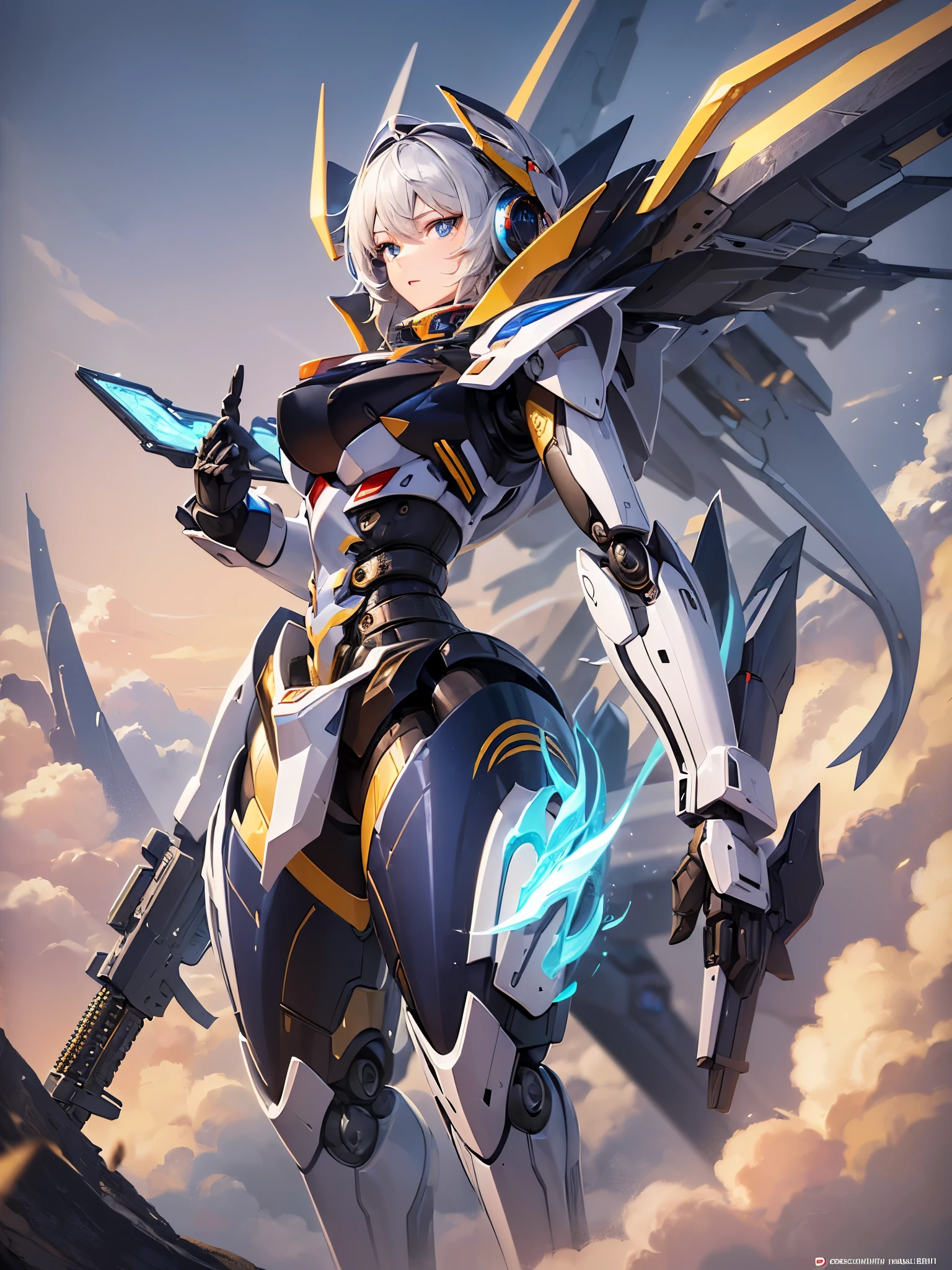 ((highest quality)),(ultra high resolution),(Super detailed),(detailed description),((best CG)),(best work of art),super precision art,amazing drawing art,(Sci-fi art with precise details:1.5), (female robot:1.6),(sharp mechanical face:1.5),,(Precise and detailed mechanical body:1.6,),(Mecha wing:1.6),