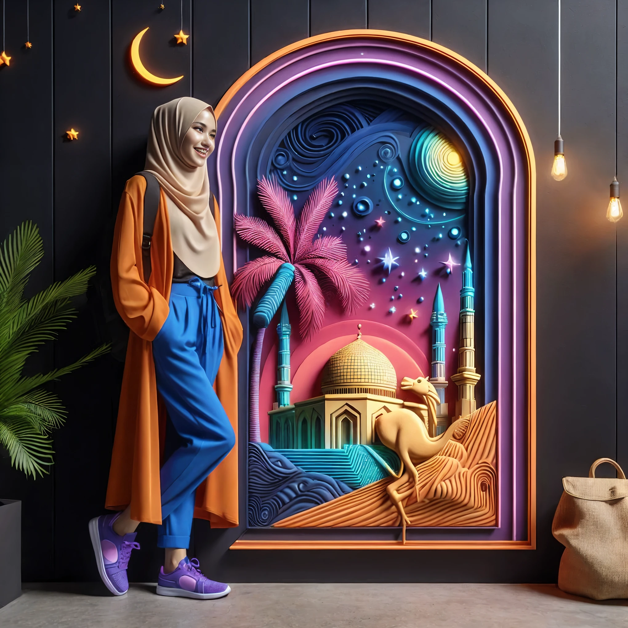 arafed image of a woman standing in front of a window with a painting of a mosque, detailed digital 3d art, intricate 3 d illustration, 3 d illutration, trend on behance 3 d art, trend on behance 3d art, 3 d art, 3d art, 3 d artwork, 3d digital art, 3 d digital art