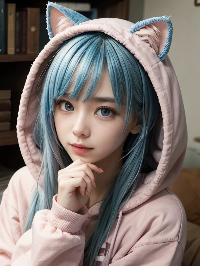 woman in pink hoodie with cat ears and blue hair, in a hoodie,