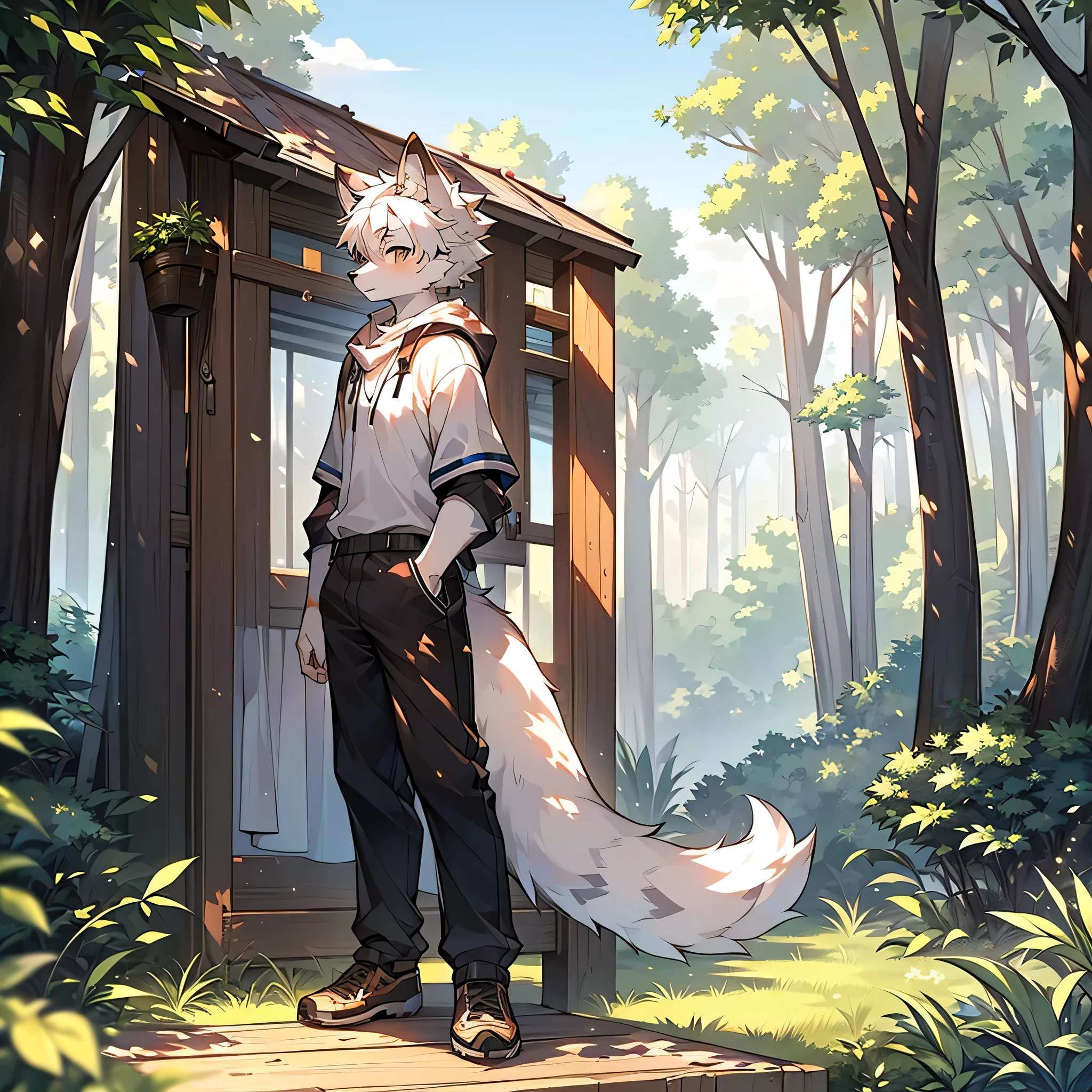 hairy,hairy wolf,white hair,male，young,Little cute,By Ruhu1145,blue eyes,wolf tail,Very detailed,gray fur,Permanently installed，in the forest，solo sunshine,Sky,beautiful scenery ,summer,peaceful,shorter pants,form sides