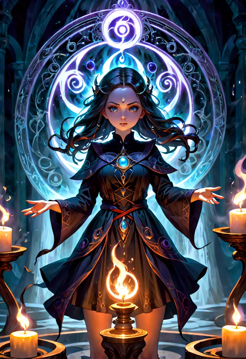 (a girl standing in the center of a magic circle),dark sorcery,detailed engravings,glowing sigils,ancient symbols,spellbinding atmosphere,mystical aura,elaborate patterns,magical flames,flickering candles,smoke swirling,ethereal mist,mysterious glow,dramatic lighting,witchcraft,magical elements,powerful energy,enchanted atmosphere,otherworldly beauty,alluring magic,mesmerizing scene,unearthly power,transcendent charm,beautifully haunting,majestic presence,ethereal essence,intricate design,spell casting,dark and mysterious,magical incantations,whispers of enchantment,spellbound by her presence,dimly lit chamber,supernatural energy,sorceress in the spotlight,entrancing spell,dark arts,mesmerizing movements
