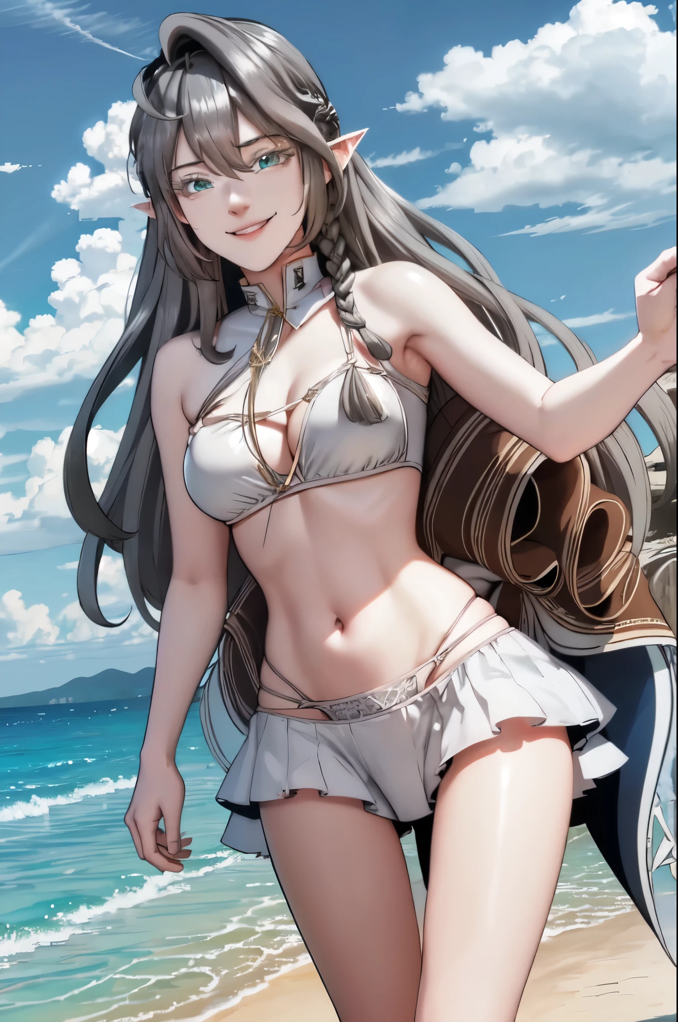 masterpiece, best quality, absurd, 1girl, solo, tessia, white lace bikini , (muscled:0.7), standing, cowgirl shot, beach scene, smile