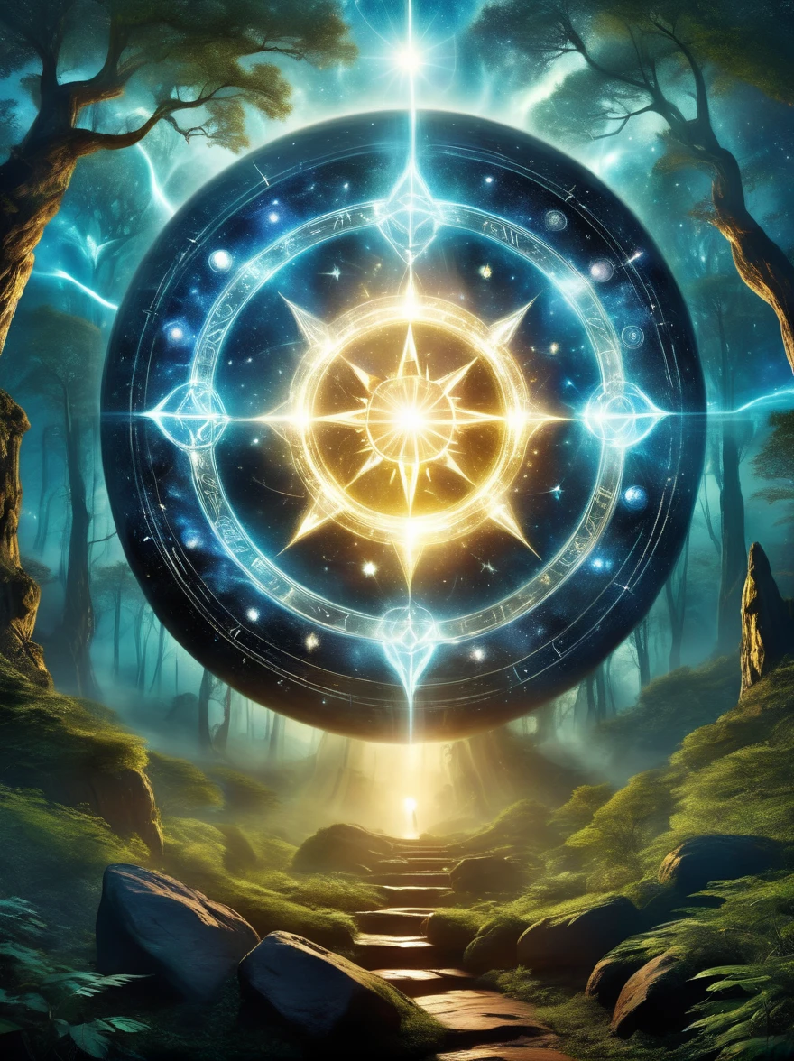 (dark fantasy),(super wide angle),In an ancient forest-surrounded wasteland, a super ancient stone magic circle predates recorded history. Comprised of numerous massive rocks, each bearing the marks of erosion, arranged in a perfect hexagram pointing to various constellations, as if connected to cosmic powers. At its center, the ground is etched with complex runes and mysterious patterns glowing faintly blue under moonlight, serving both as part of a summoning ritual and a container for ancient forces, with their power peaking at night. The surrounding forest seems to shy away, with trees' bent branches whispering warnings. As the stars align on a special night, the sky's energy resonates with the circle's runes, slowly opening a rift from which a creature with eyes like burning coals, made of darkness and fear, steps out, causing the earth to tremble with each step. This scene depicts a mysterious and dangerous moment where an ancient magic circle summons an evil entity under the watchful eyes of the ancient forest,(masterpiece,best quality,ultra high definition,Extremely detailed,illumination)