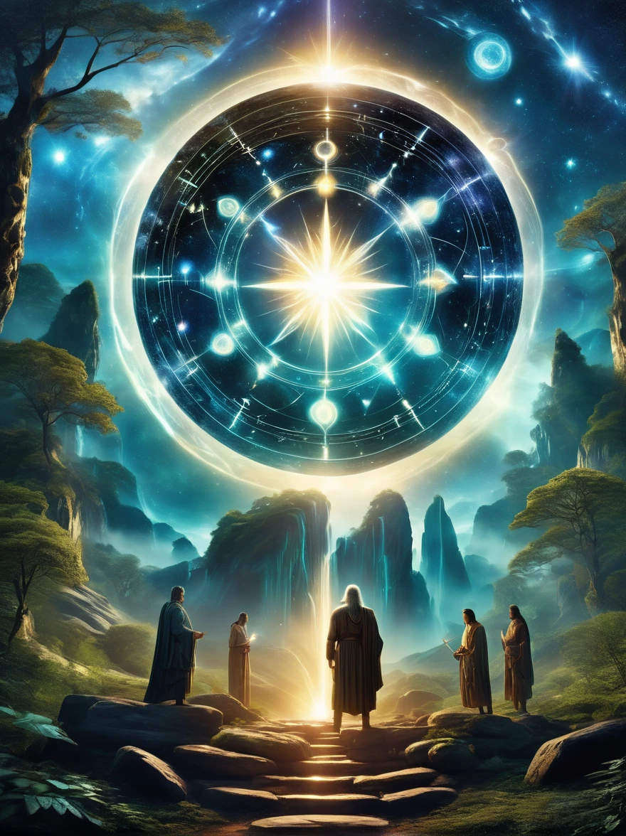 （dark fantasy），（super wide angle），In an ancient forest-surrounded wasteland, a super ancient stone magic circle predates recorded history. Comprised of numerous massive rocks, each bearing the marks of erosion, arranged in a perfect hexagram pointing to various constellations, as if connected to cosmic powers. At its center, the ground is etched with complex runes and mysterious patterns glowing faintly blue under moonlight, serving both as part of a summoning ritual and a container for ancient forces, with their power peaking at night. The surrounding forest seems to shy away, with trees' bent branches whispering warnings. As the stars align on a special night, the sky's energy resonates with the circle's runes, slowly opening a rift from which a creature with eyes like burning coals, made of darkness and fear, steps out, causing the earth to tremble with each step. This scene depicts a mysterious and dangerous moment where an ancient magic circle summons an evil entity under the watchful eyes of the ancient forest，(masterpiece，best quality，ultra high definition，Extremely detailed，illumination）