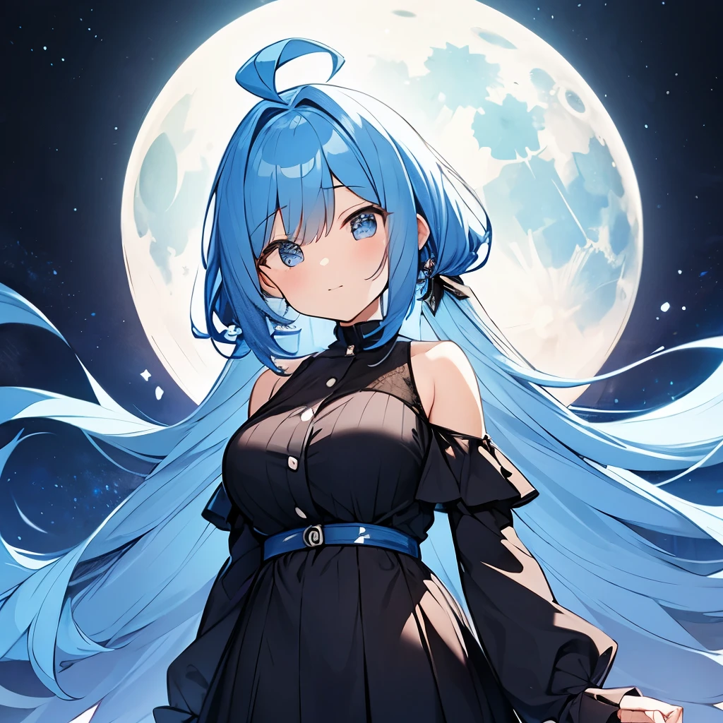 big moon　blue hair　And cute