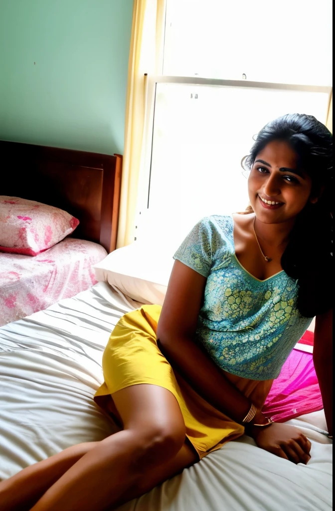 Full body photo of beautiful 30 year old Telugu Indian girl, Sleeping on her bed cute face, wearing very short skirt , happy face, hard shadows, cellphone shot, natural lighting