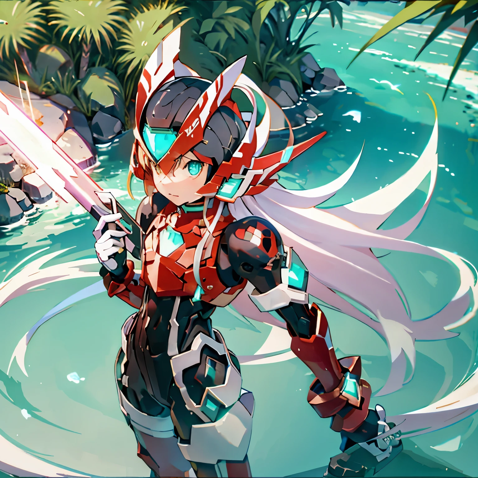 megzeromyth2023, 1boy, long white hair, red armor, green energy sword, 8k, uhd, high quality, masterpiece, overlooking the ocean on the edge of a rock, in the style of avian-themed, realistic yet stylized, villagecore, azure, orange and azure, dragoncore, aerial view
