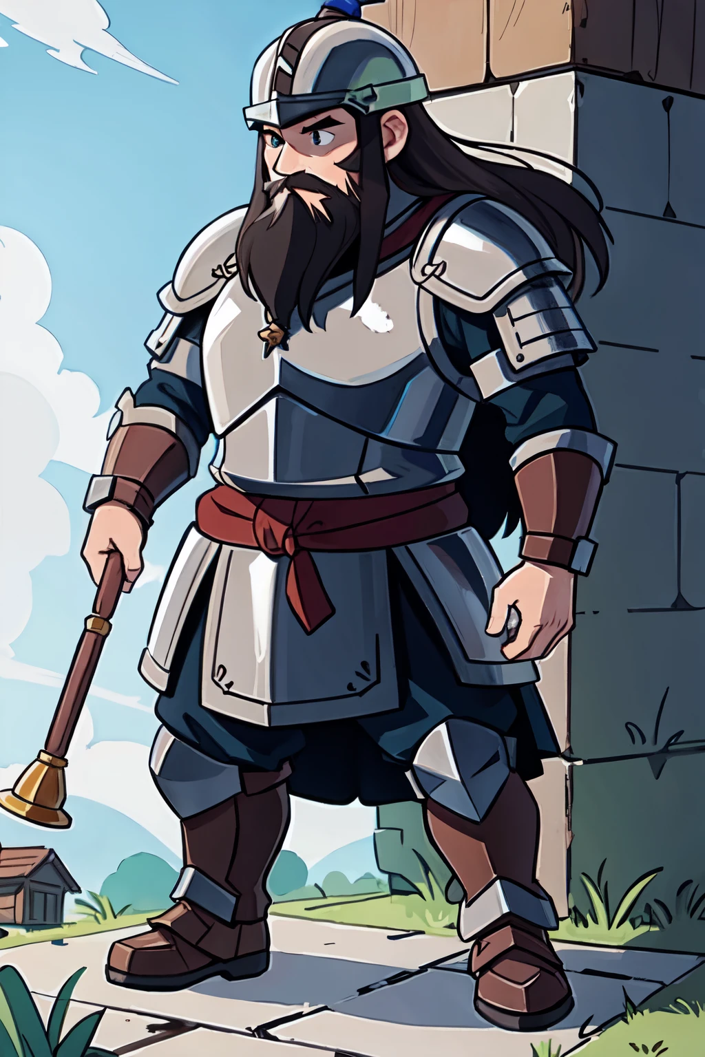 Man, adult, in armor, wearing her helmet, dwarf, long beard, poison, dark hair