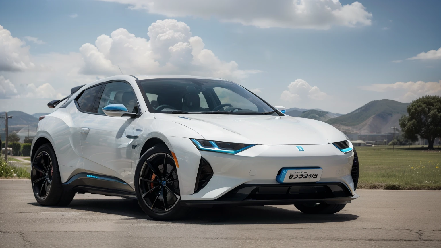 electric concept car. white color, wide view, 8k, full HD, very detailed, midday sun, fine photography, wide angle photography, ultra realistic, electric color futuristic SUV