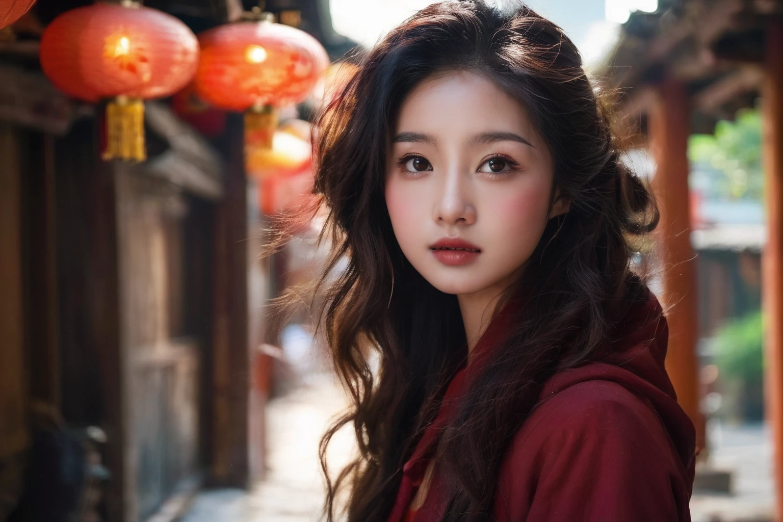 arafed asian woman in red jacket standing in alley with lanterns, chinese woman, beautiful south korean woman, beautiful young korean woman, beautiful asian woman, an asian woman, a young asian woman, gorgeous young korean woman, young asian woman, korean woman, chinese girl, beautiful young asian woman, beautiful oriental woman, asian girl with long hair, beautiful asian girl